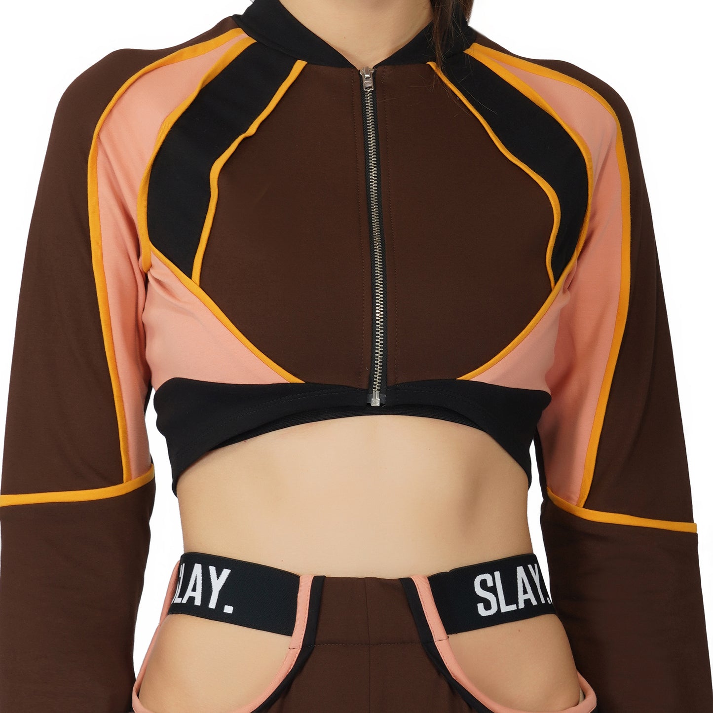 SLAY. Women's Activewear Tracksuit Brown Colorblock Crop Jacket & High Waist Cargo Pants Co-ord Set(3 piece)