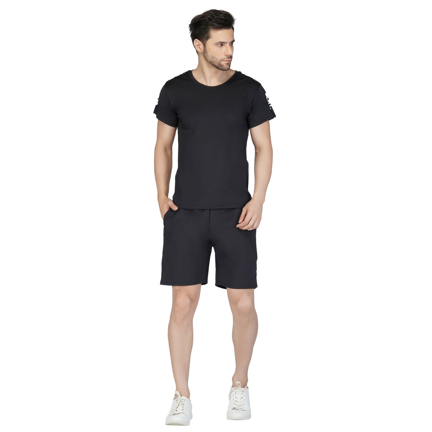 SLAY. Men's Black T shirt & Shorts Co-ord Set(4 way Stretch Fabric)