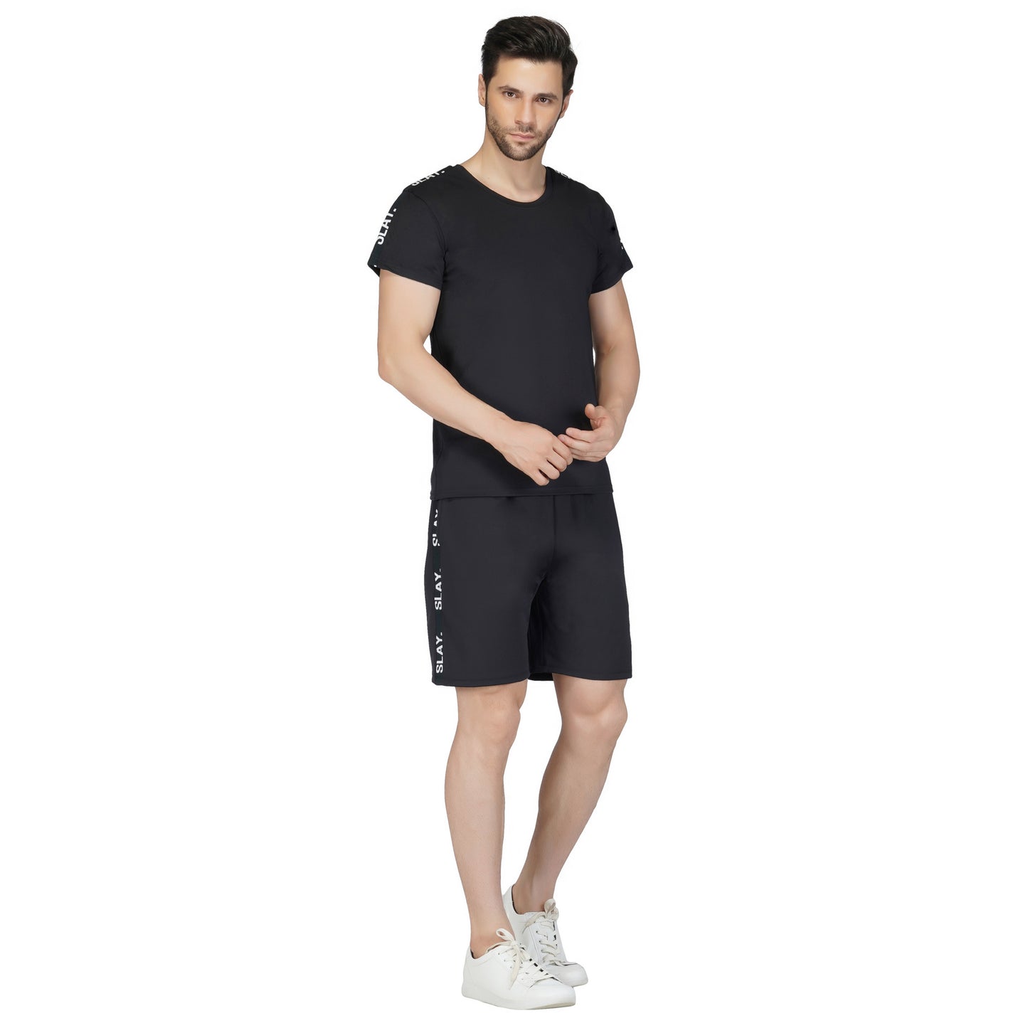 SLAY. Men's Black T shirt & Shorts Co-ord Set(4 way Stretch Fabric)