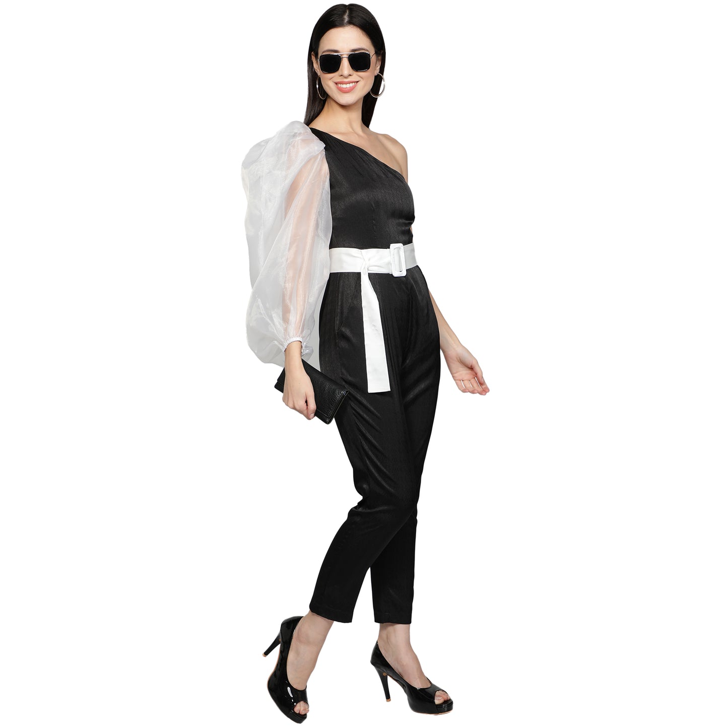 SLAY. Women's Black Balloon Sleeve Poly Textured Jumpsuit with White waist belt-clothing-to-slay.myshopify.com-Jumpsuit