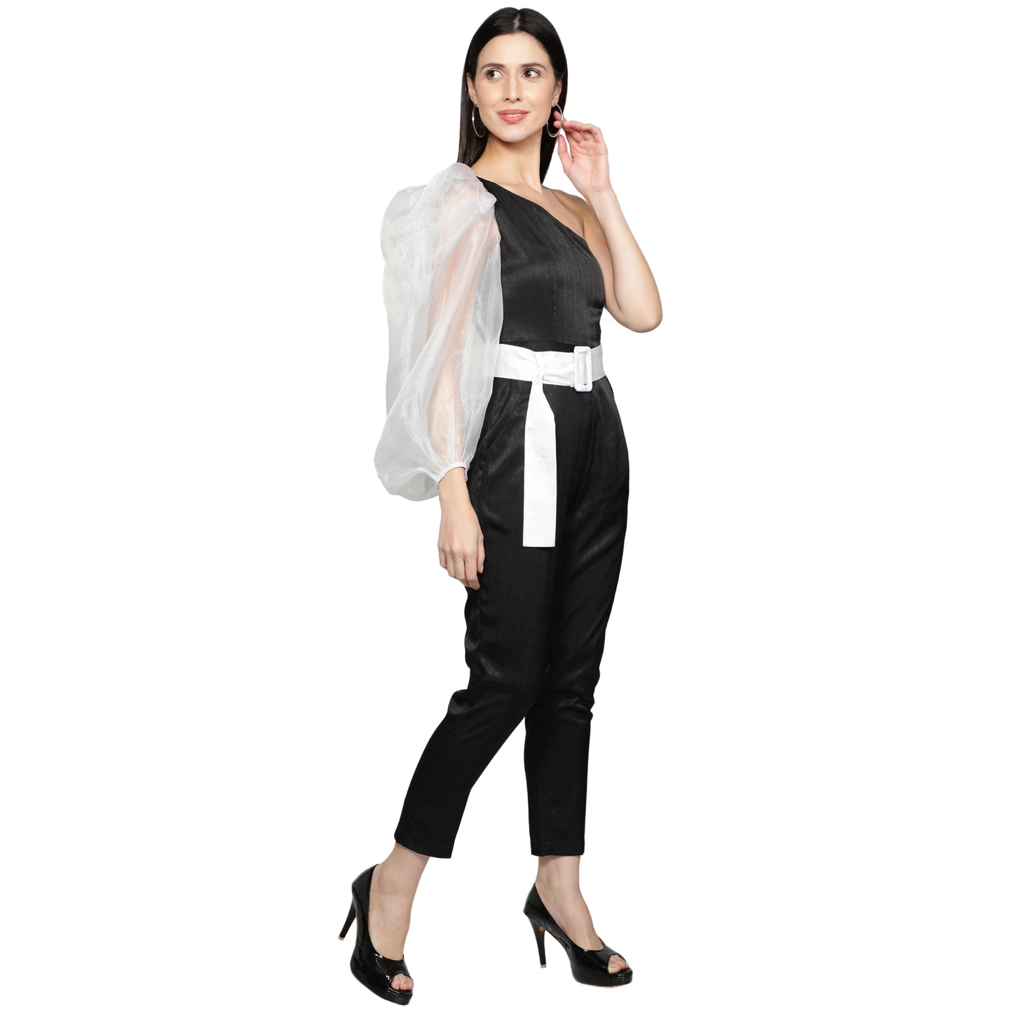 SLAY. Women's Black Balloon Sleeve Poly Textured Jumpsuit with White waist belt-clothing-to-slay.myshopify.com-Jumpsuit