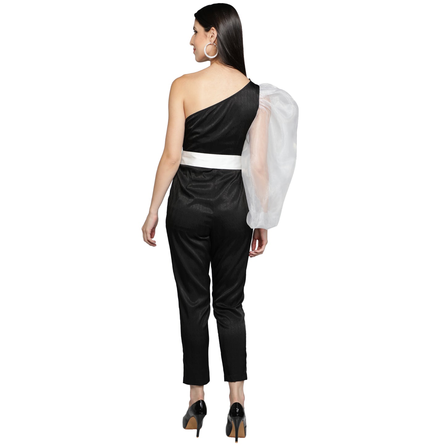SLAY. Women's Black Balloon Sleeve Poly Textured Jumpsuit with White waist belt-clothing-to-slay.myshopify.com-Jumpsuit