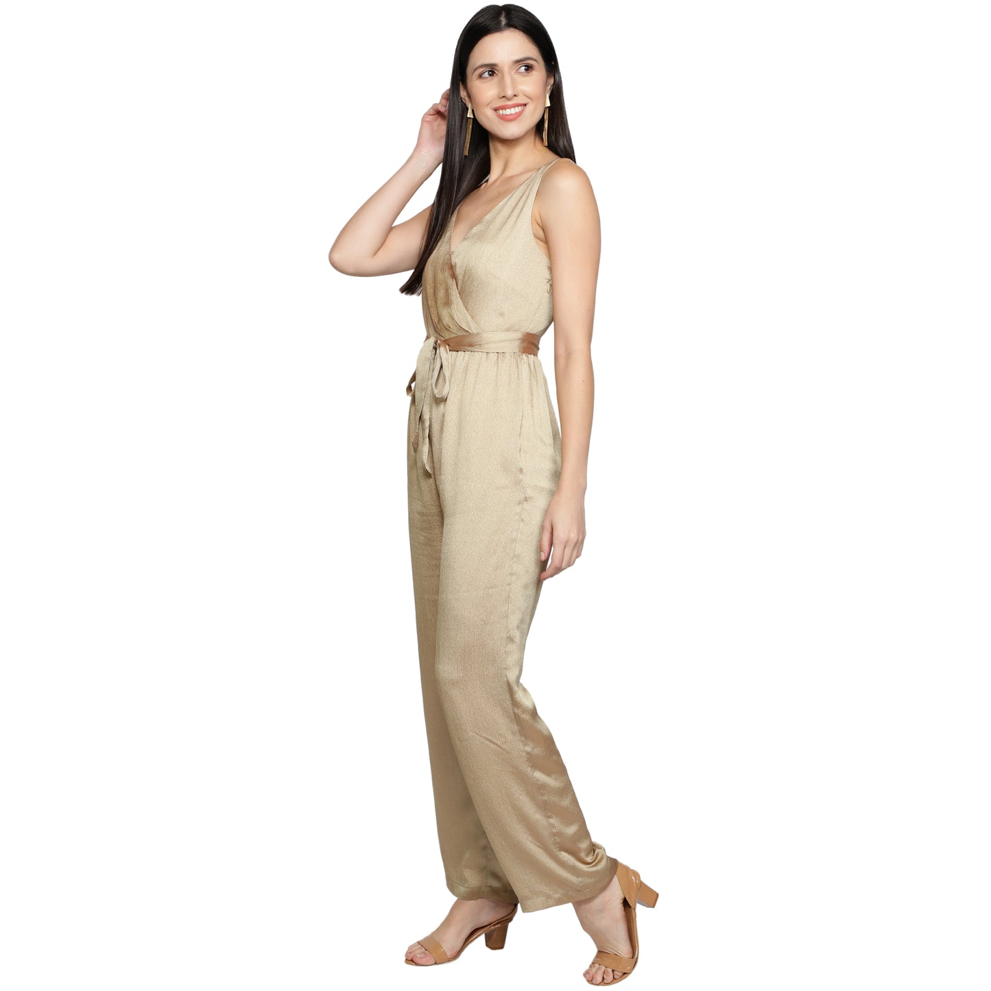SLAY. Women's Gold Poly Shimmer Jumpsuit with waist belt-clothing-to-slay.myshopify.com-Dress