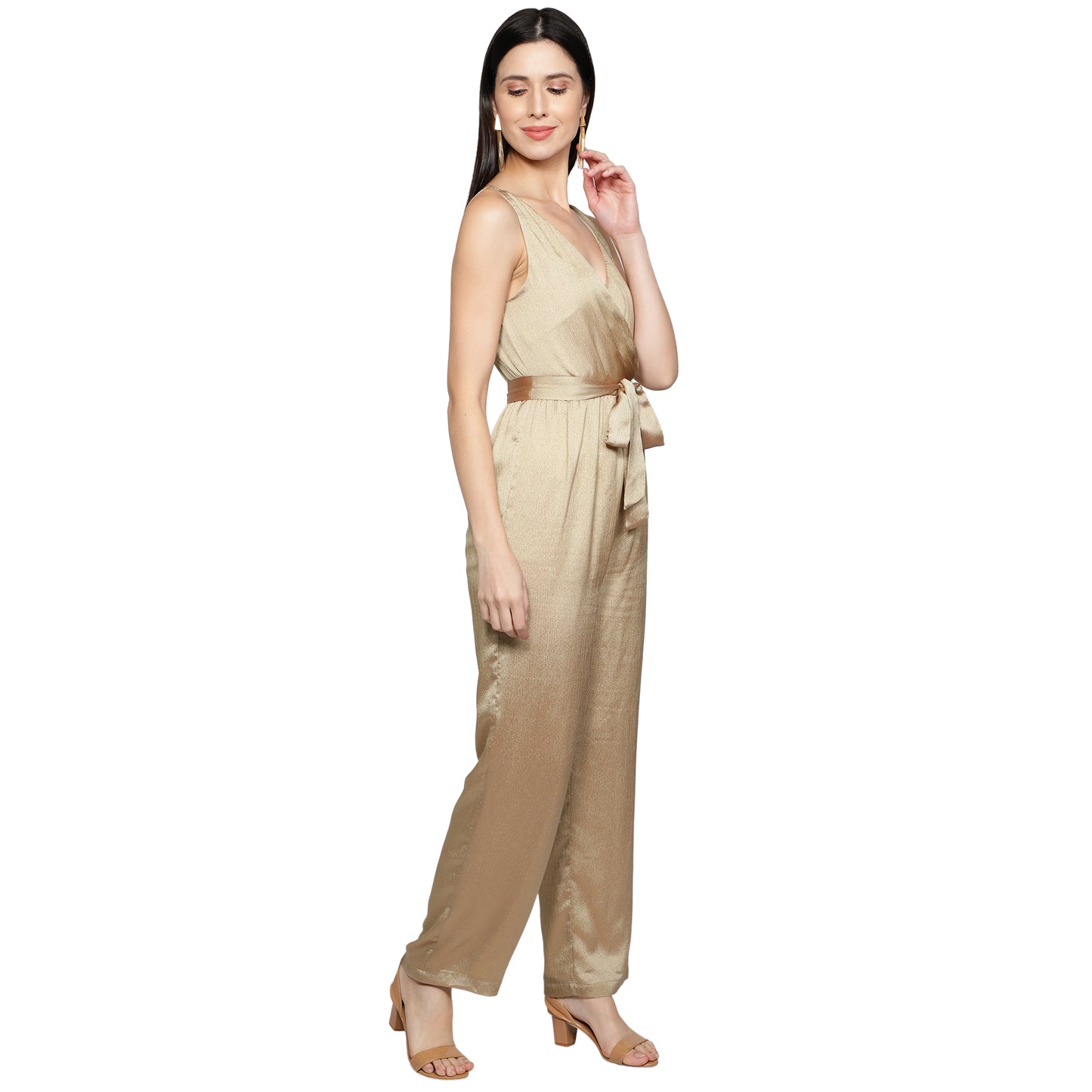 SLAY. Women's Gold Poly Shimmer Jumpsuit with waist belt-clothing-to-slay.myshopify.com-Dress