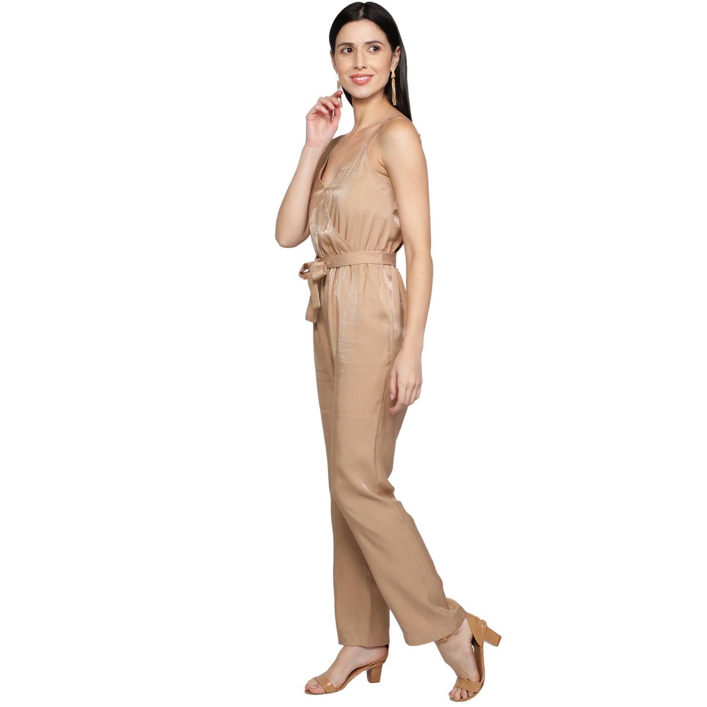 SLAY. Women's Beige Poly Twill Shimmer Jumpsuit with waist belt-clothing-to-slay.myshopify.com-Dress