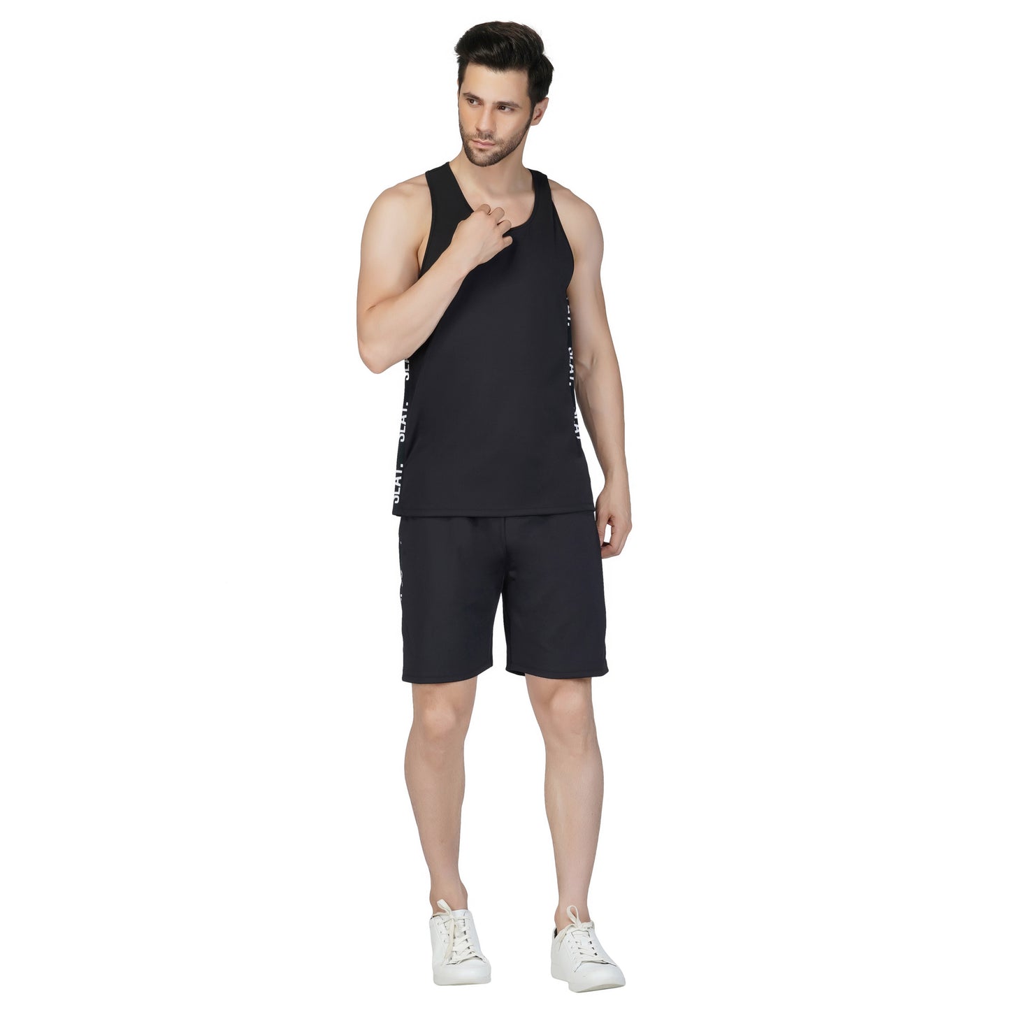 SLAY. Men's Activewear Black Gym Vest & Shorts Co-ord Set (4 way Stretch Fabric)