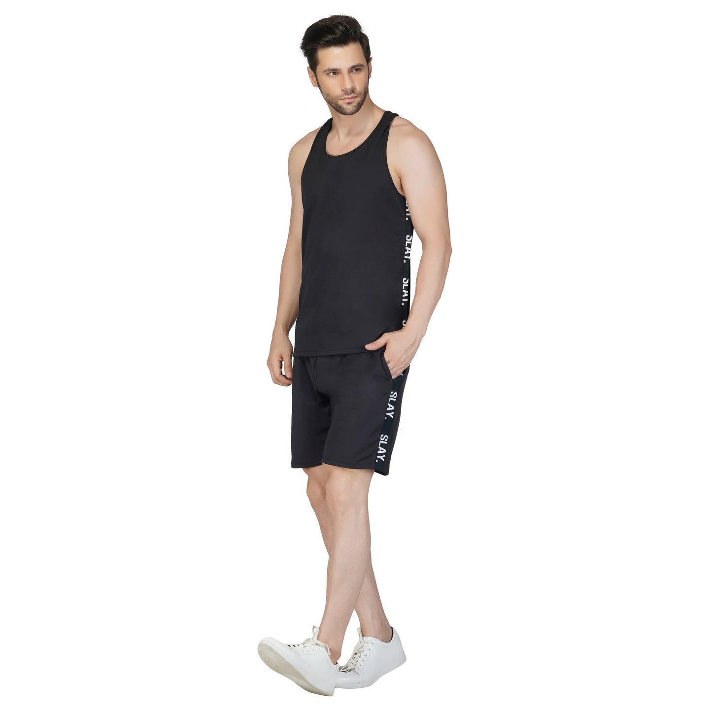 SLAY. Men's Activewear Black Gym Vest & Shorts Co-ord Set (4 way Stretch Fabric)
