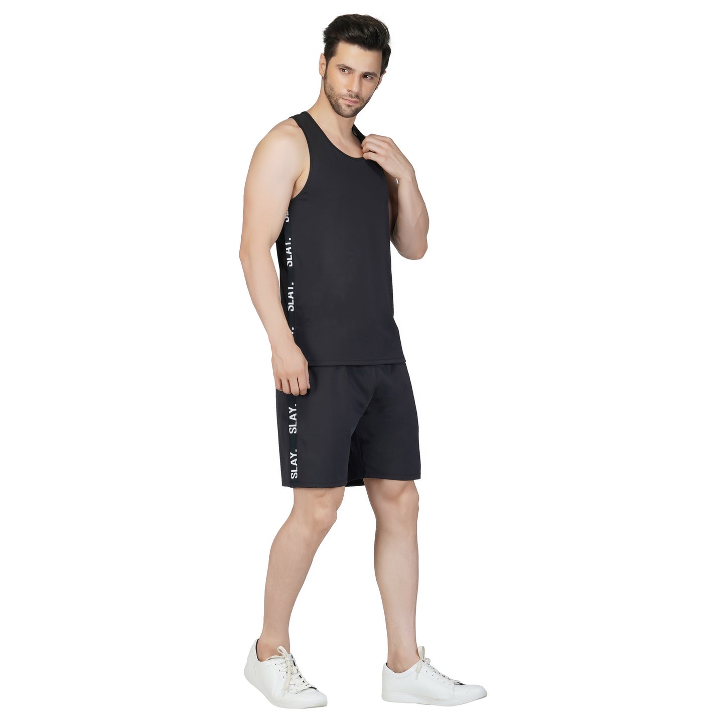 SLAY. Men's Activewear Black Gym Vest & Shorts Co-ord Set (4 way Stretch Fabric)