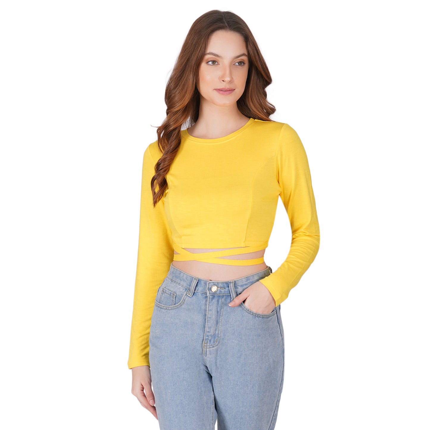 SLAY. Women's Yellow Full Sleeves Crop Top with Back Wrap around Strings-clothing-to-slay.myshopify.com-Crop Top