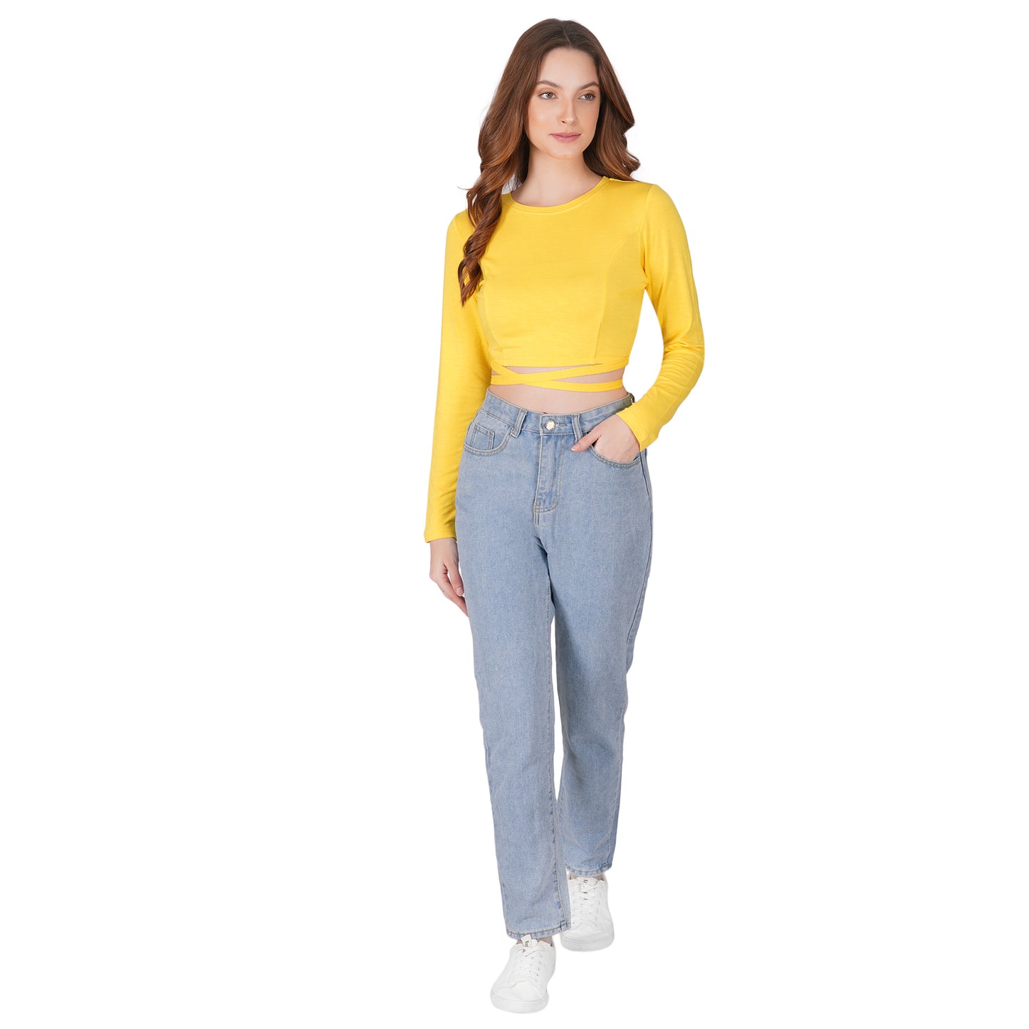 SLAY. Women's Yellow Full Sleeves Crop Top with Back Wrap around Strings-clothing-to-slay.myshopify.com-Crop Top