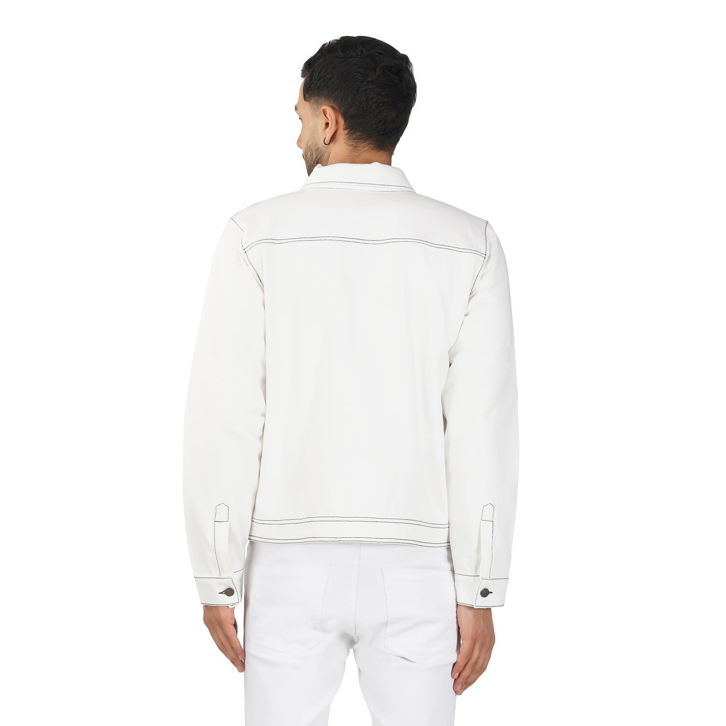 SLAY. Men's Off White Contrast Stitch Denim Cotton Biker Jacket For Men