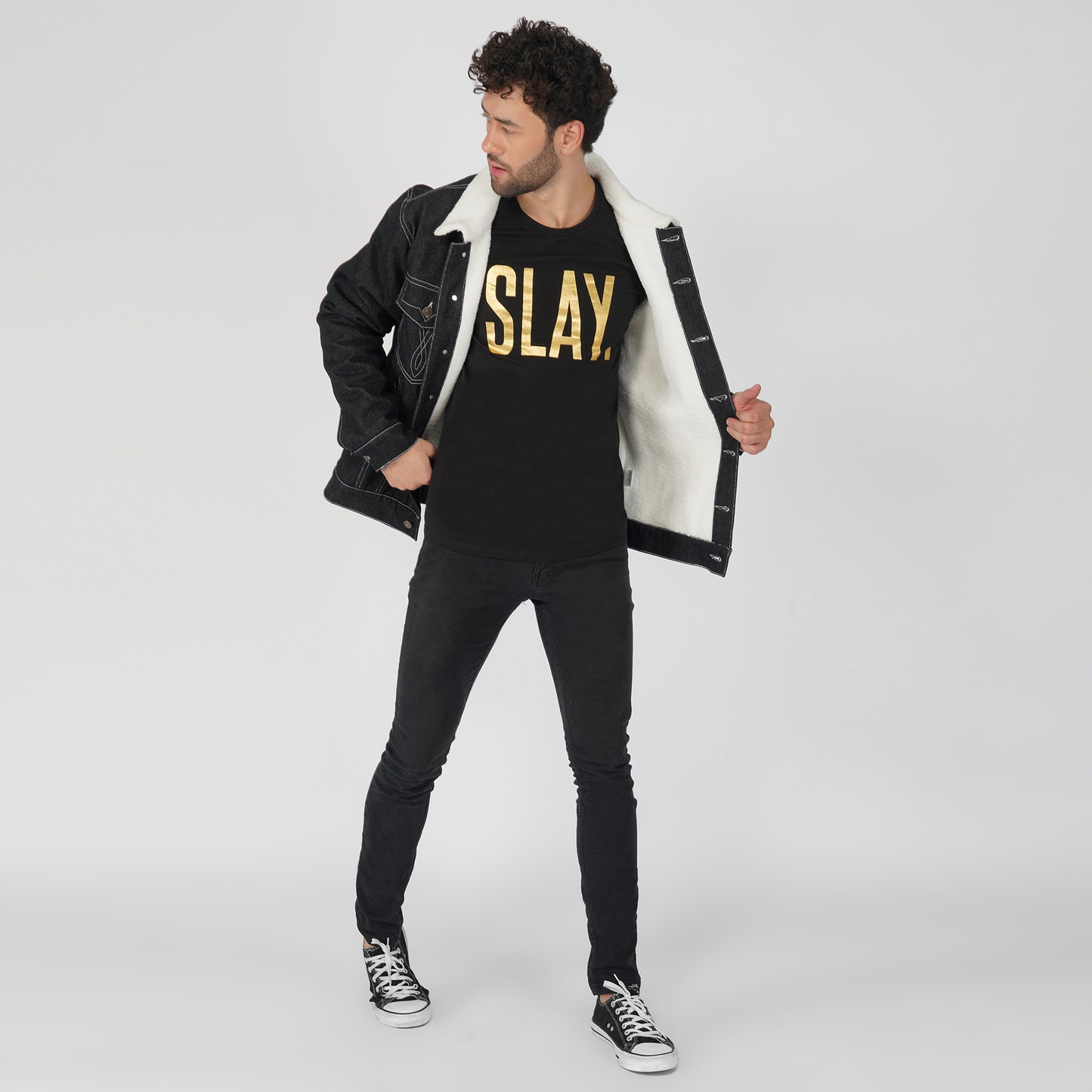 SLAY. Men's Full Sleeves Black Solid Embroidered Button-Down Black Denim Jacket with Faux-fur Lining-clothing-to-slay.myshopify.com-Jacket