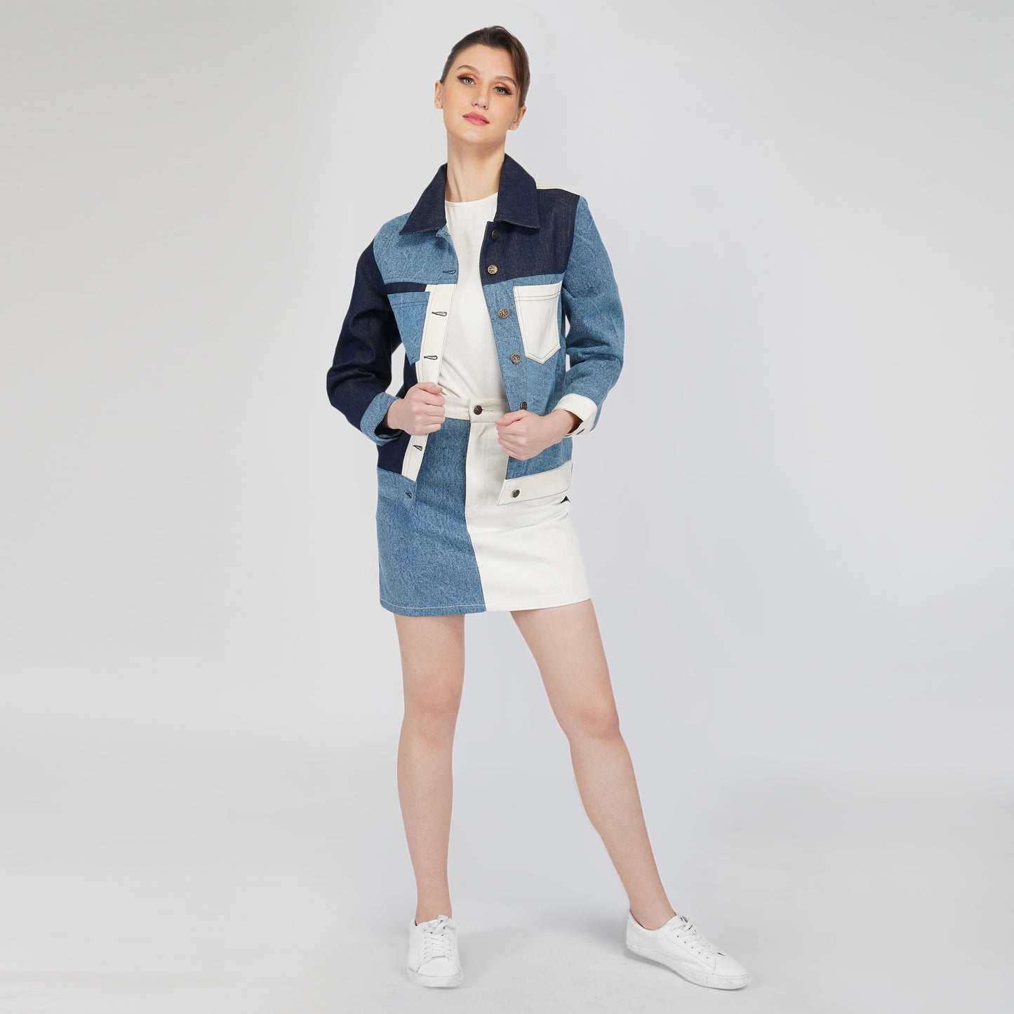 SLAY. Women's Blue & White Colorblock Denim Jacket & Skirt Coord Set-clothing-to-slay.myshopify.com-Outerwear
