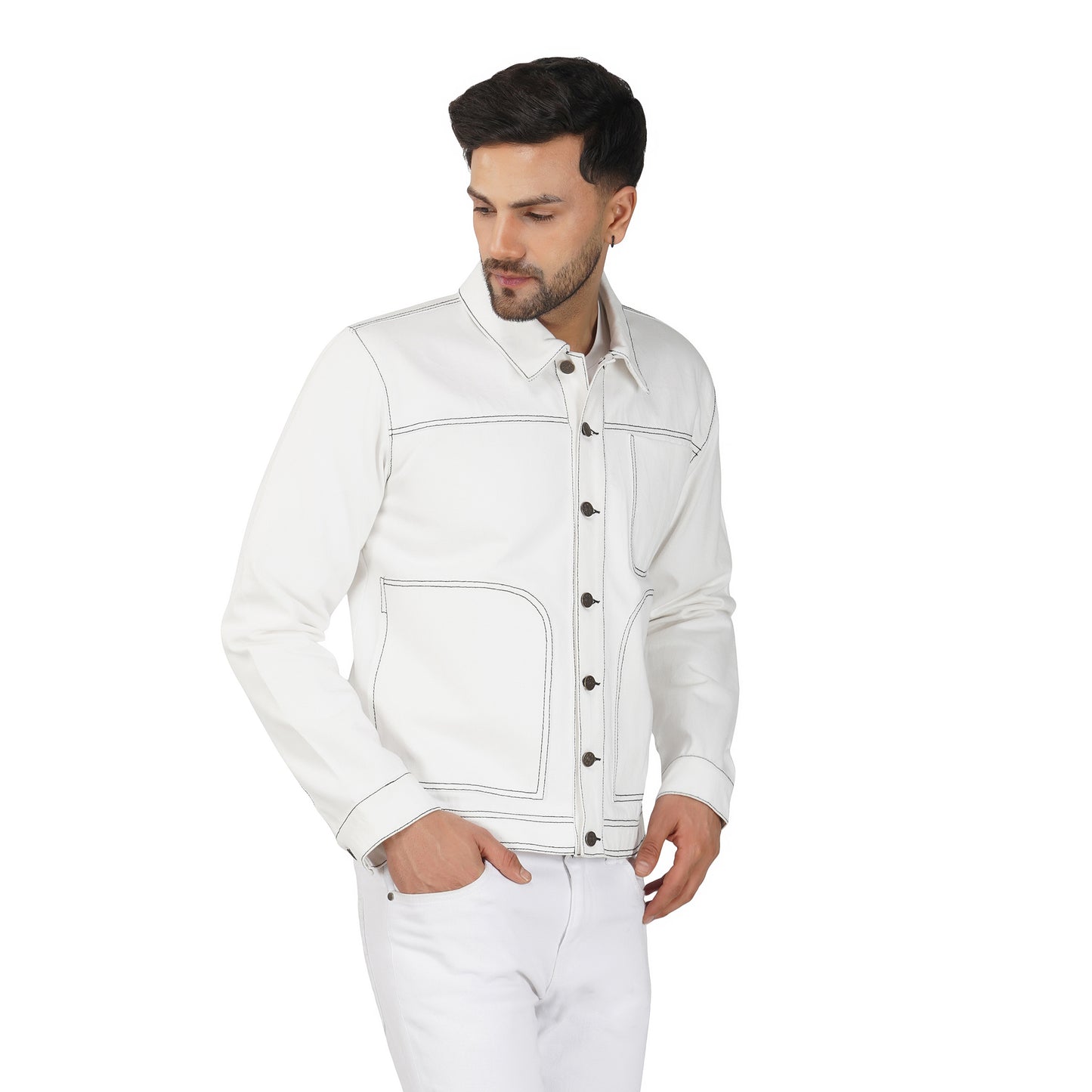 SLAY. Men's Off White Contrast Stitch Denim Cotton Biker Jacket For Men