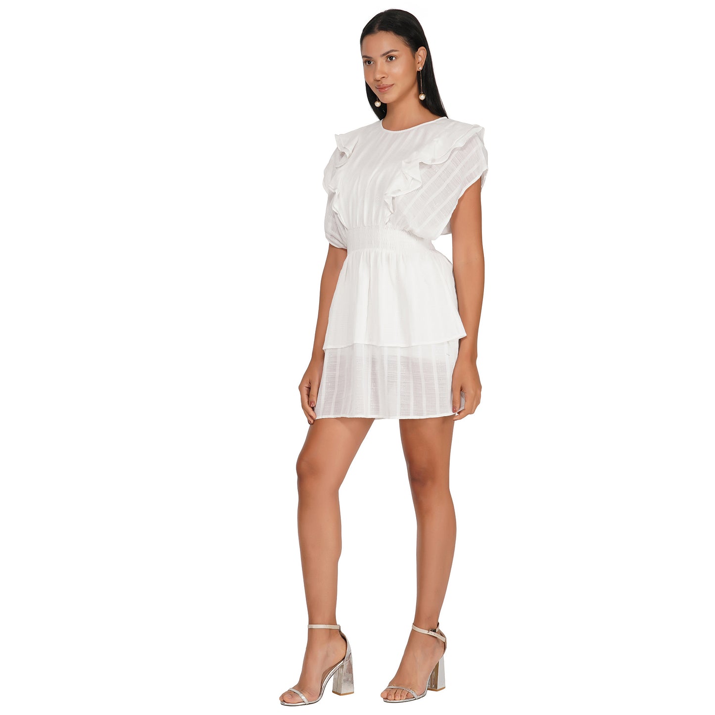 SLAY. Women's White Lurex Ruffle Short Dress-clothing-to-slay.myshopify.com-Dress