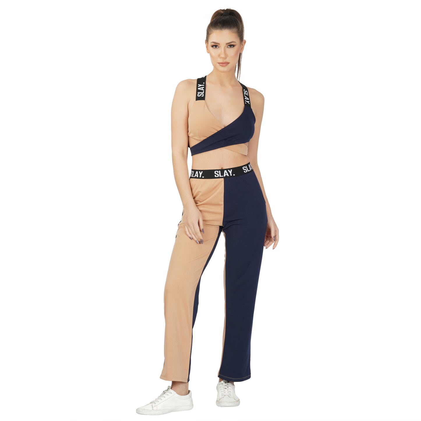 SLAY. Sport Women's Beige & Blue Colorblock Monochrome Contrast Co-ord Set