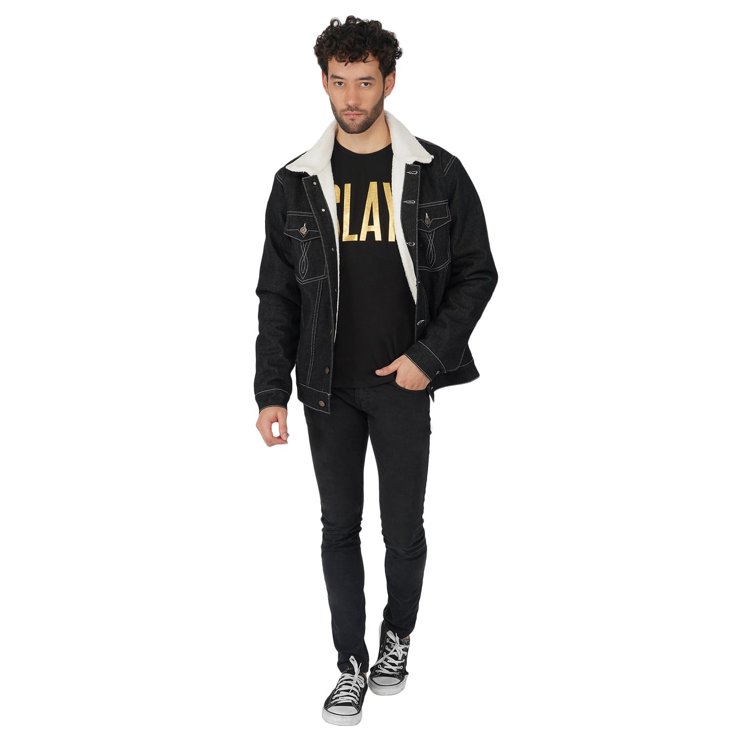SLAY. Men's Full Sleeves Black Solid Embroidered Button-Down Black Denim Jacket with Faux-fur Lining-clothing-to-slay.myshopify.com-Jacket