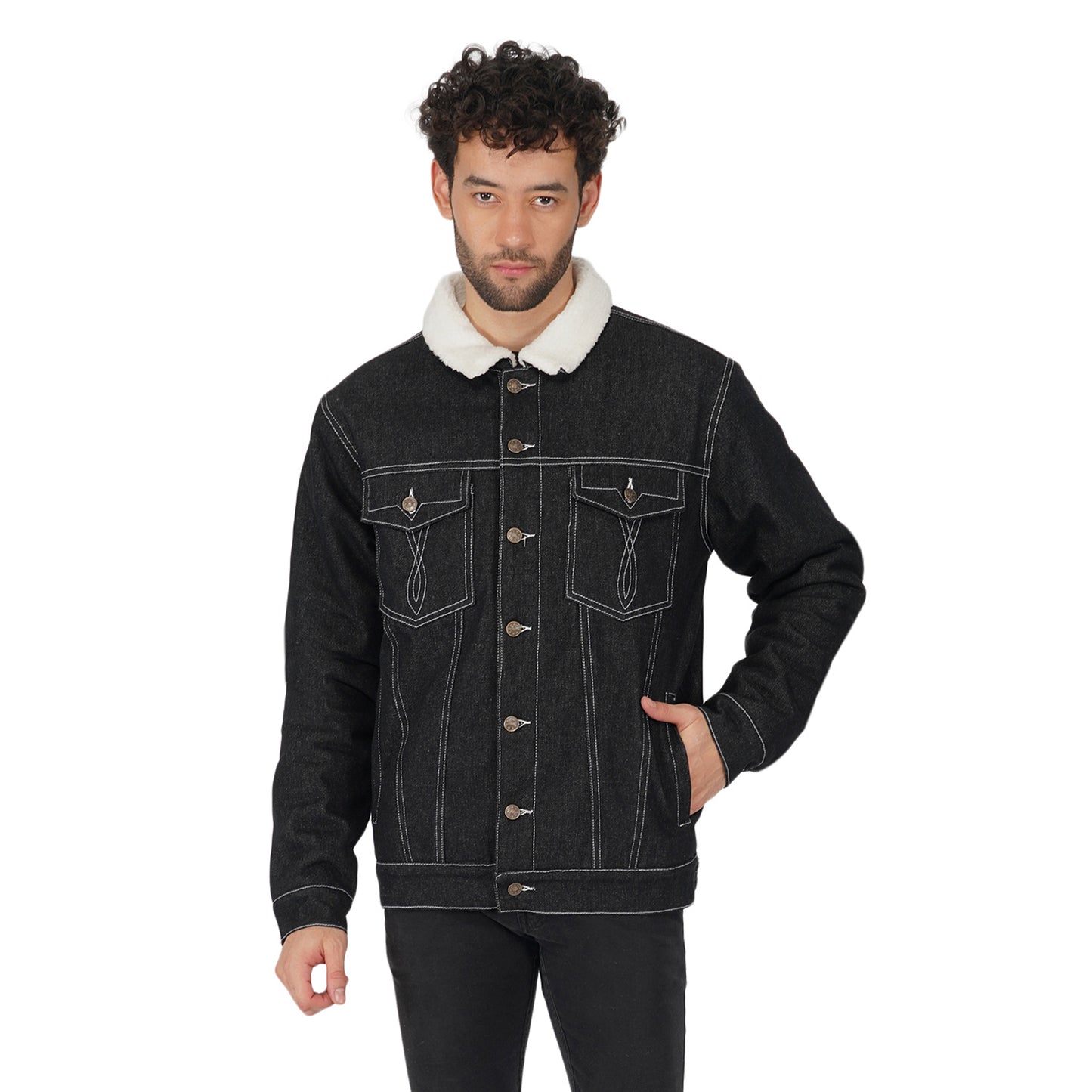 SLAY. Men's Full Sleeves Black Solid Embroidered Button-Down Black Denim Jacket with Faux-fur Lining-clothing-to-slay.myshopify.com-Jacket