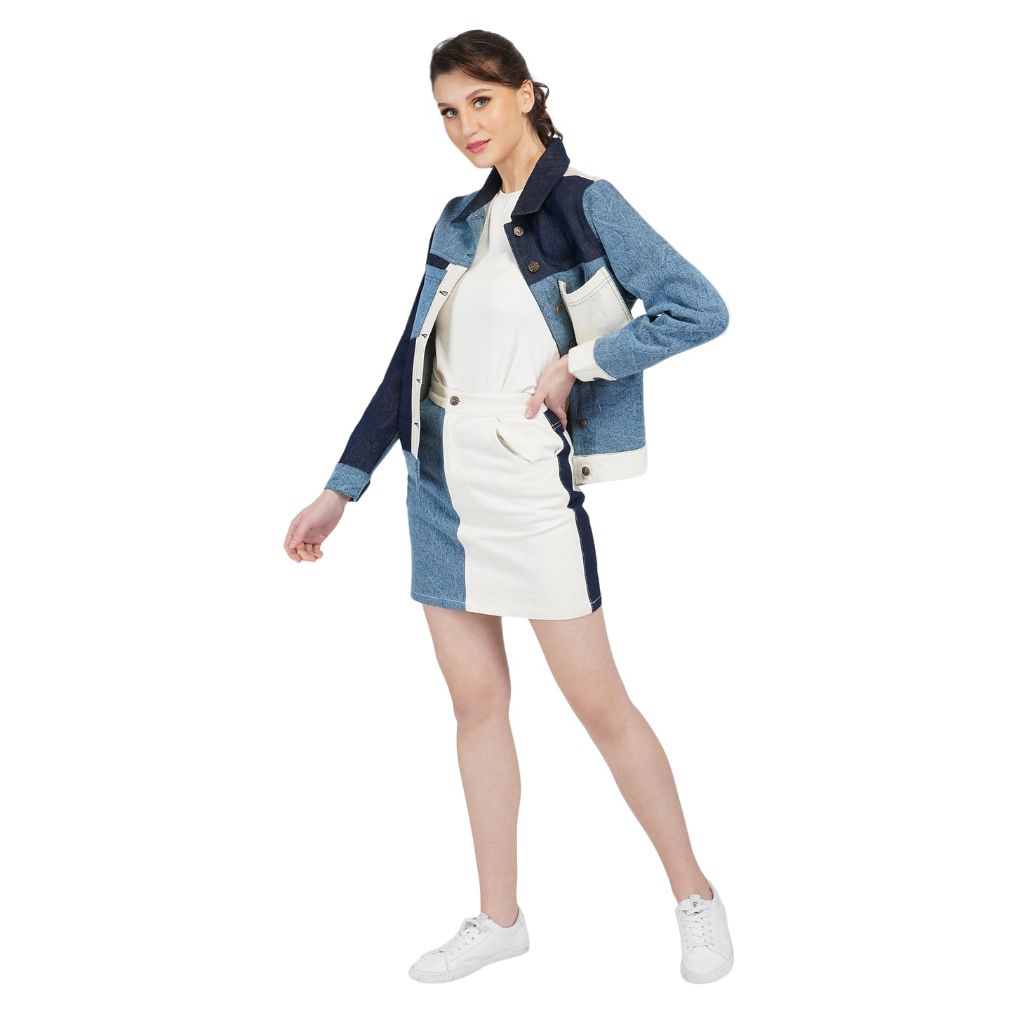 SLAY. Women's Blue & White Colorblock Denim Jacket & Skirt Coord Set-clothing-to-slay.myshopify.com-Outerwear