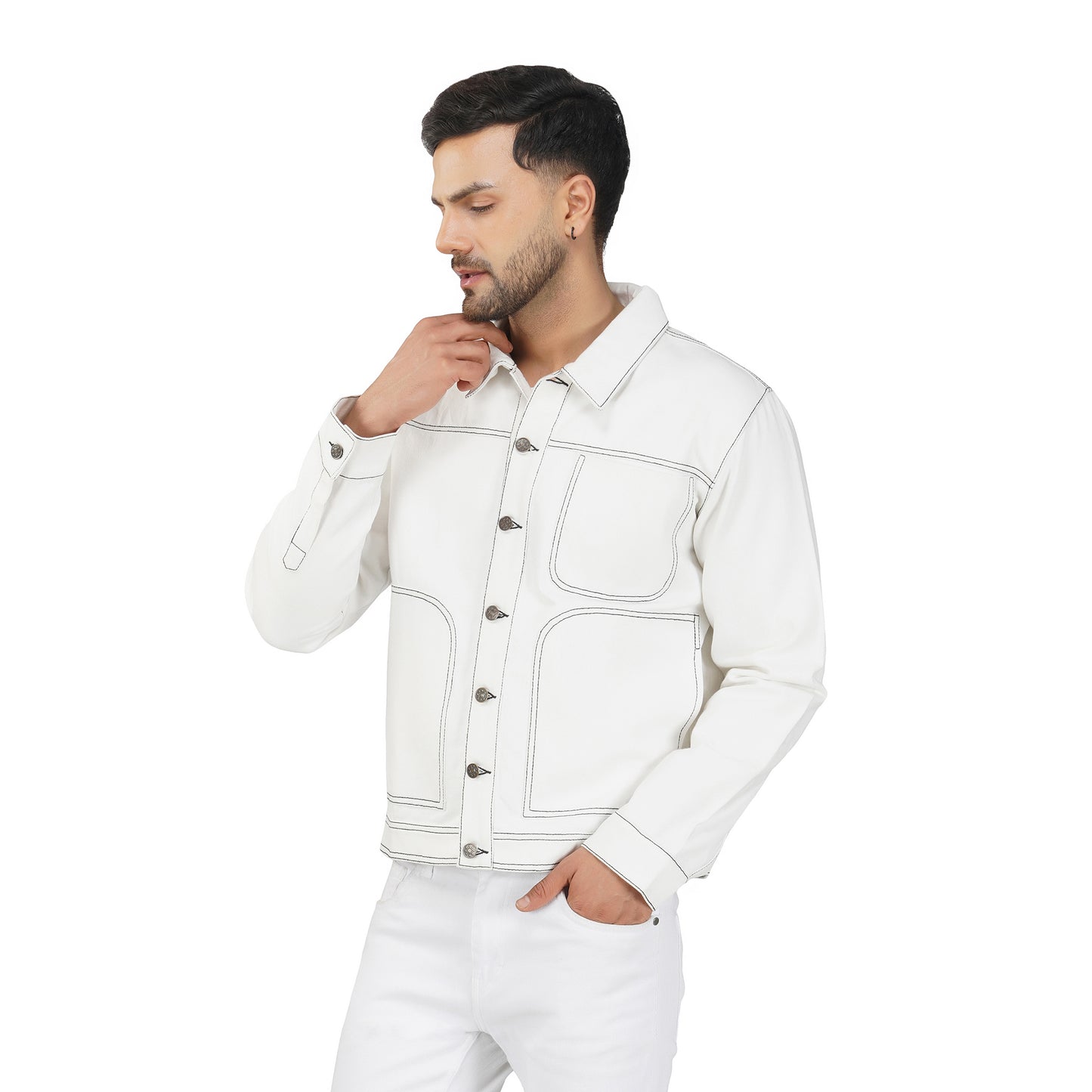 SLAY. Men's Off White Contrast Stitch Denim Cotton Biker Jacket For Men