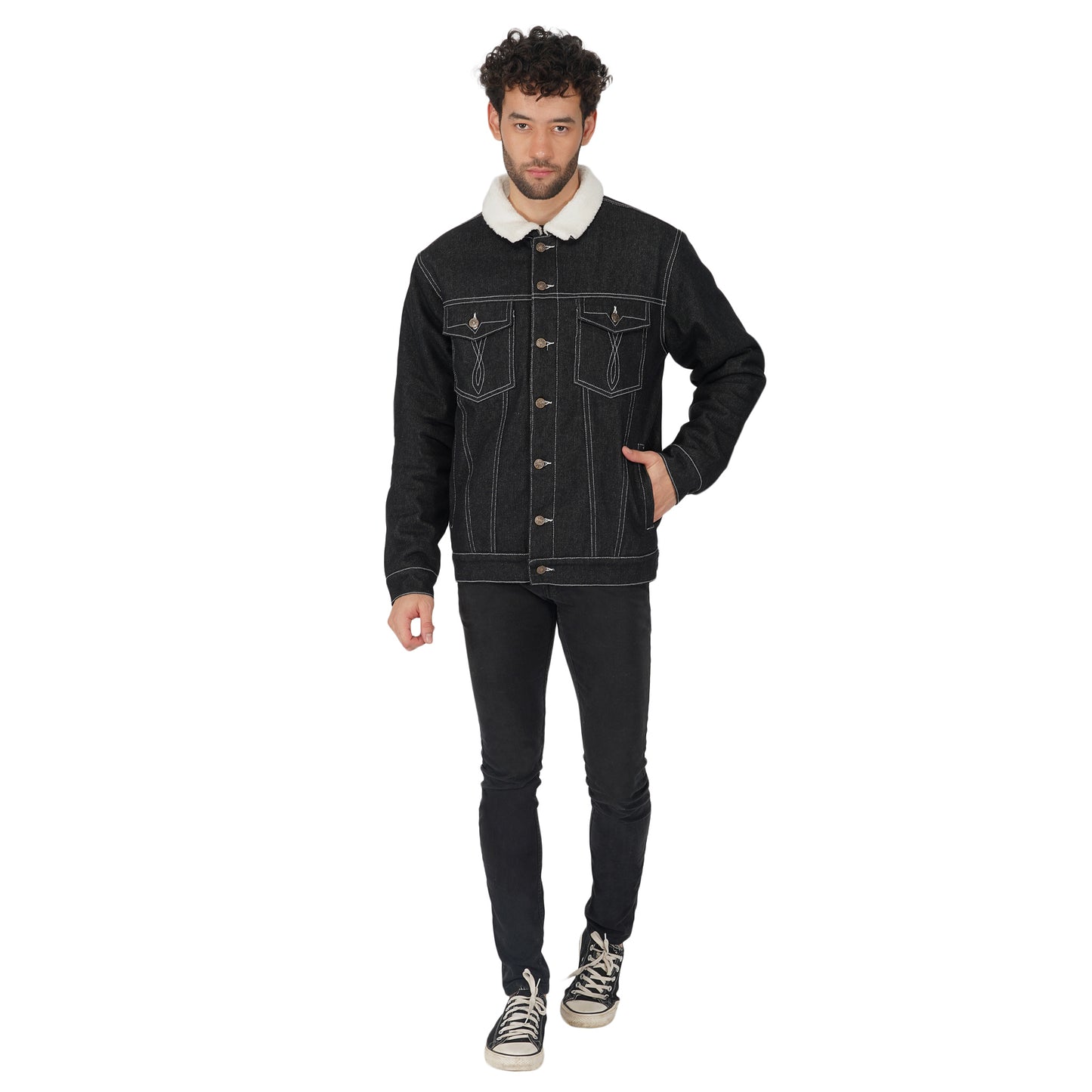 SLAY. Men's Full Sleeves Black Solid Embroidered Button-Down Black Denim Jacket with Faux-fur Lining-clothing-to-slay.myshopify.com-Jacket