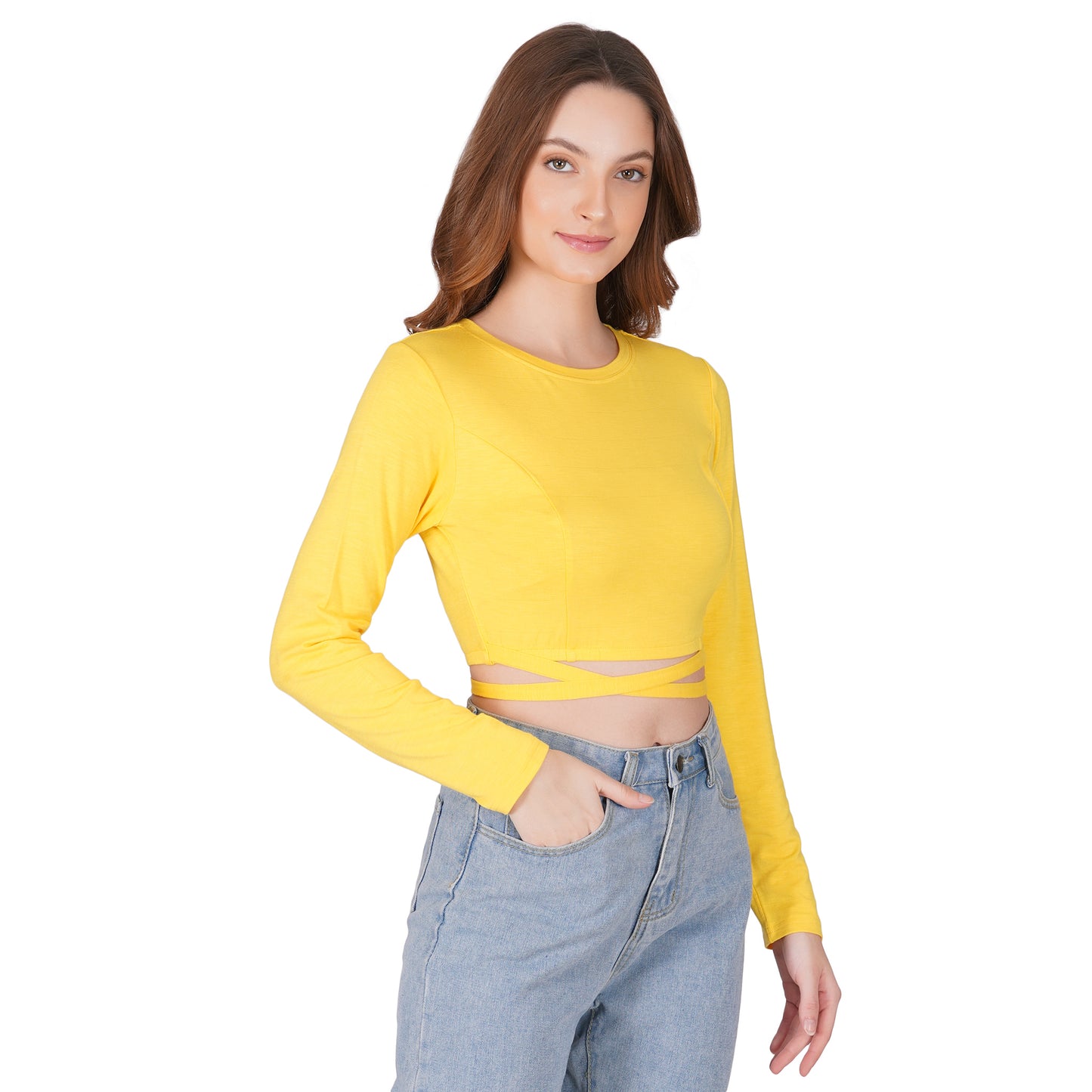 SLAY. Women's Yellow Full Sleeves Crop Top with Back Wrap around Strings-clothing-to-slay.myshopify.com-Crop Top