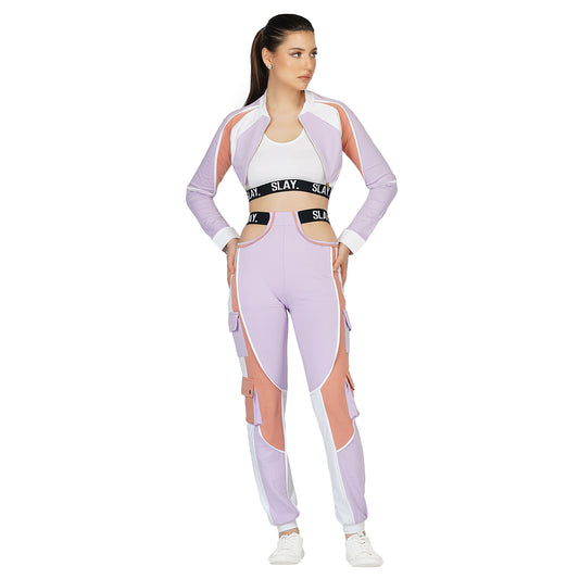 SLAY. Women's Activewear Tracksuit Lilac/Lavender Colorblock Crop Jacket & High Waist Cargo Pants Co-ord Set(3 piece)