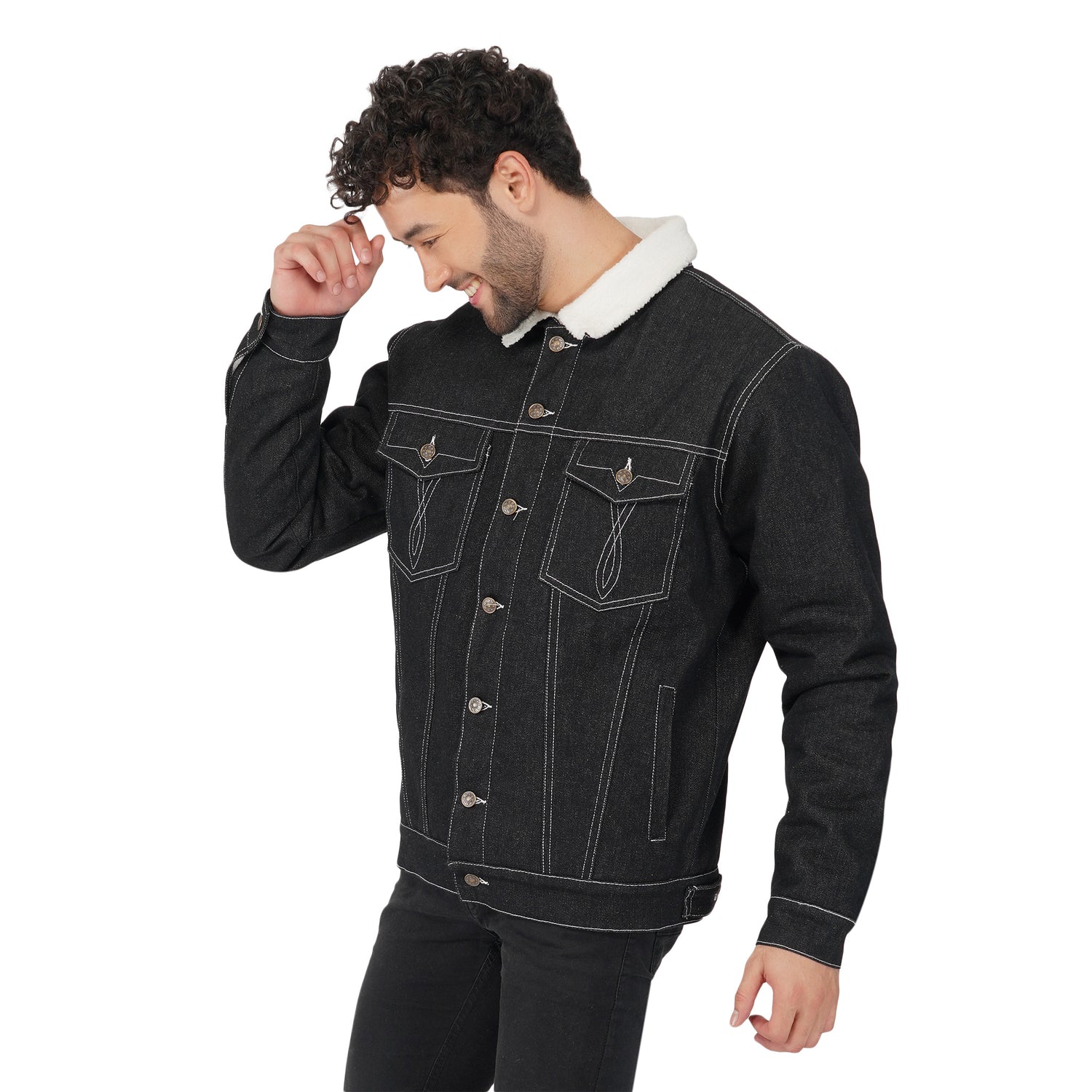 SLAY. Men's Full Sleeves Black Solid Embroidered Button-Down Black Denim Jacket with Faux-fur Lining-clothing-to-slay.myshopify.com-Jacket