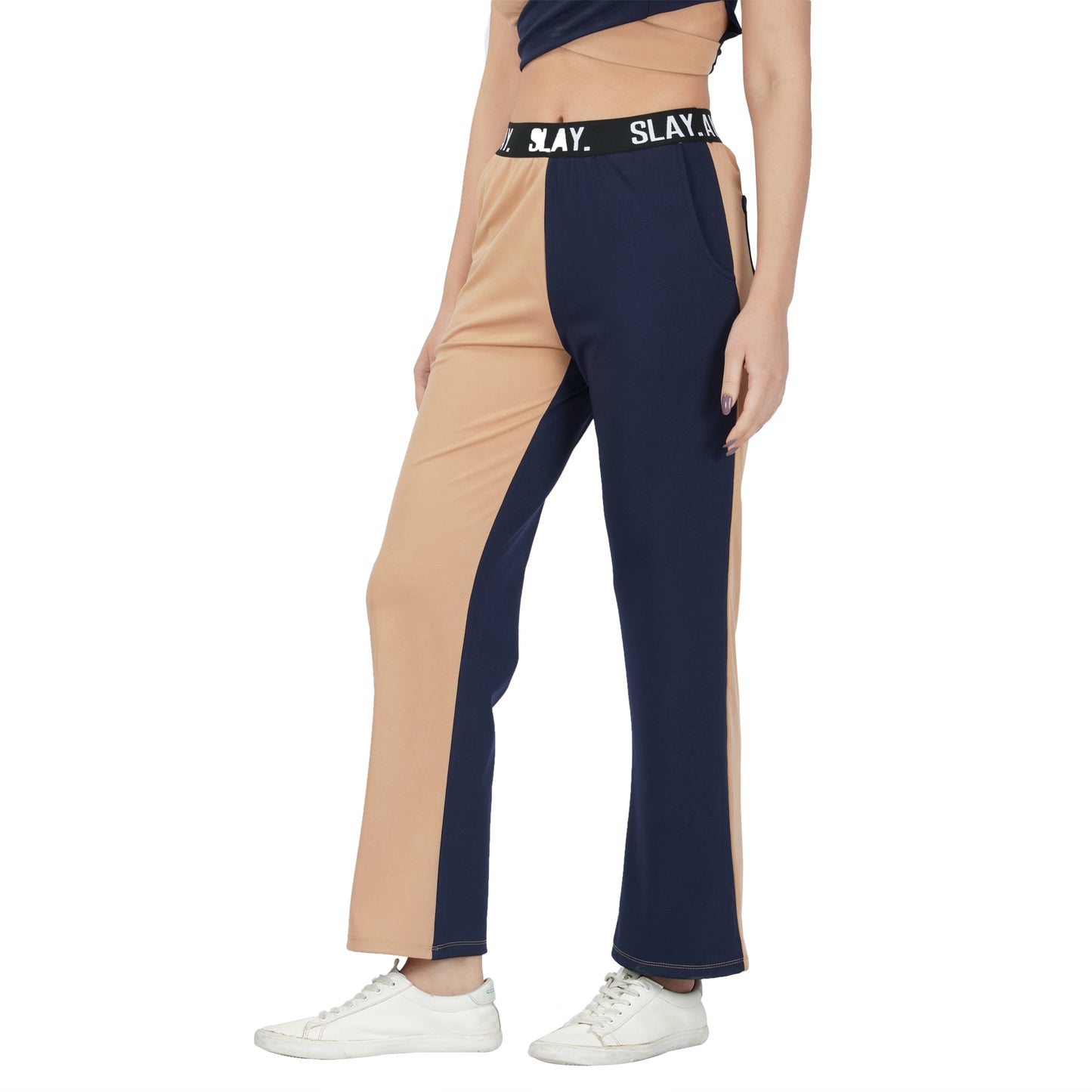 SLAY. Sport Women's Beige & Blue Colorblock Monochrome Contrast Co-ord Set