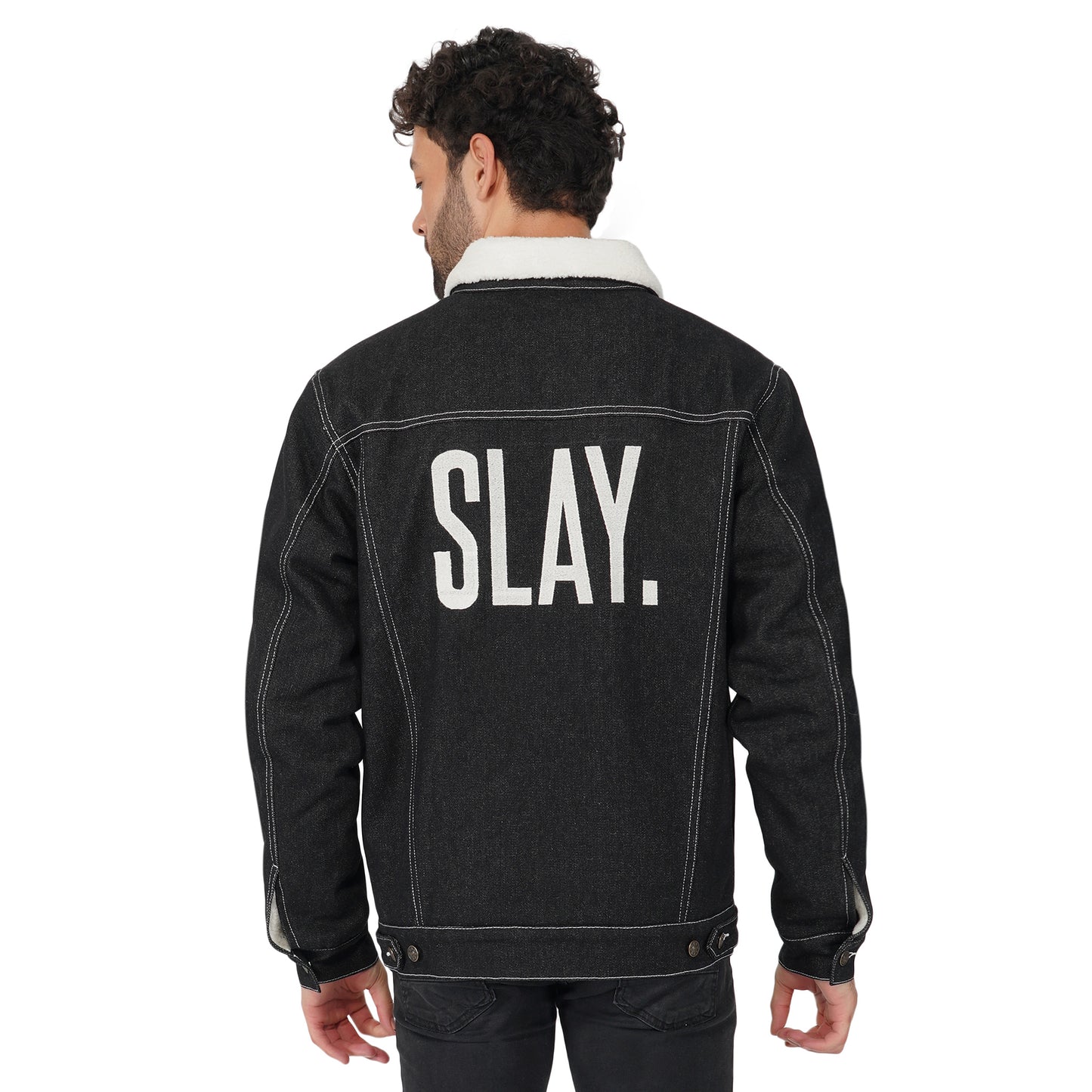SLAY. Men's Full Sleeves Black Solid Embroidered Button-Down Black Denim Jacket with Faux-fur Lining-clothing-to-slay.myshopify.com-Jacket