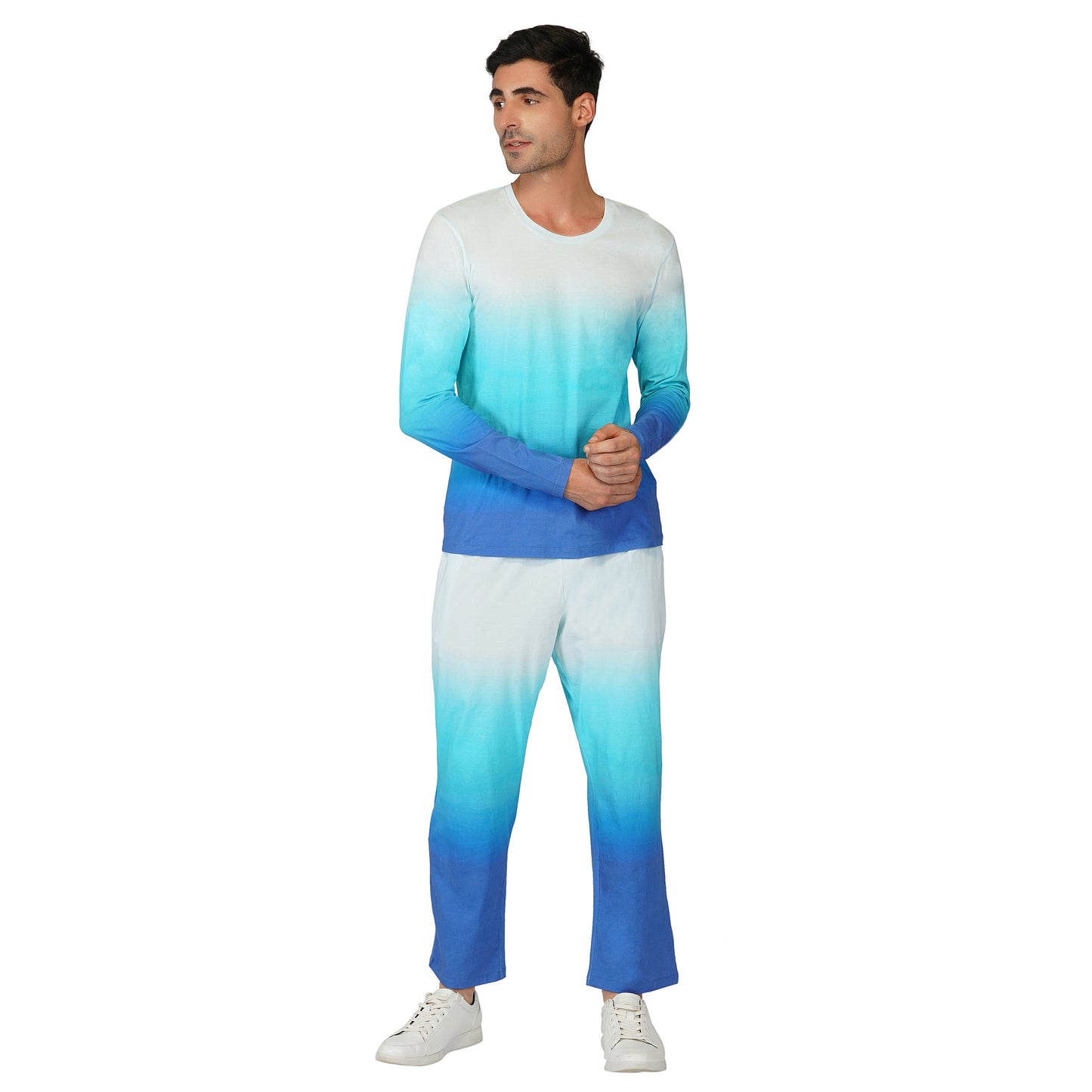 SLAY. Men's White to Blue Ombre Full Sleeves T Shirt & Pants Co-ord Set