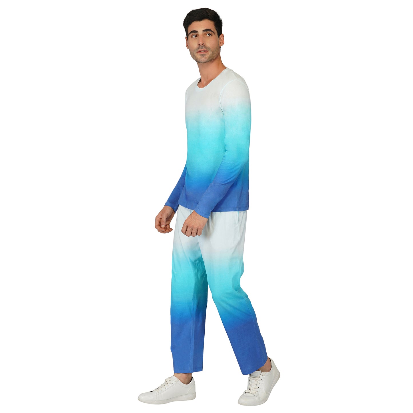 SLAY. Men's White to Blue Ombre Full Sleeves T Shirt & Pants Co-ord Set