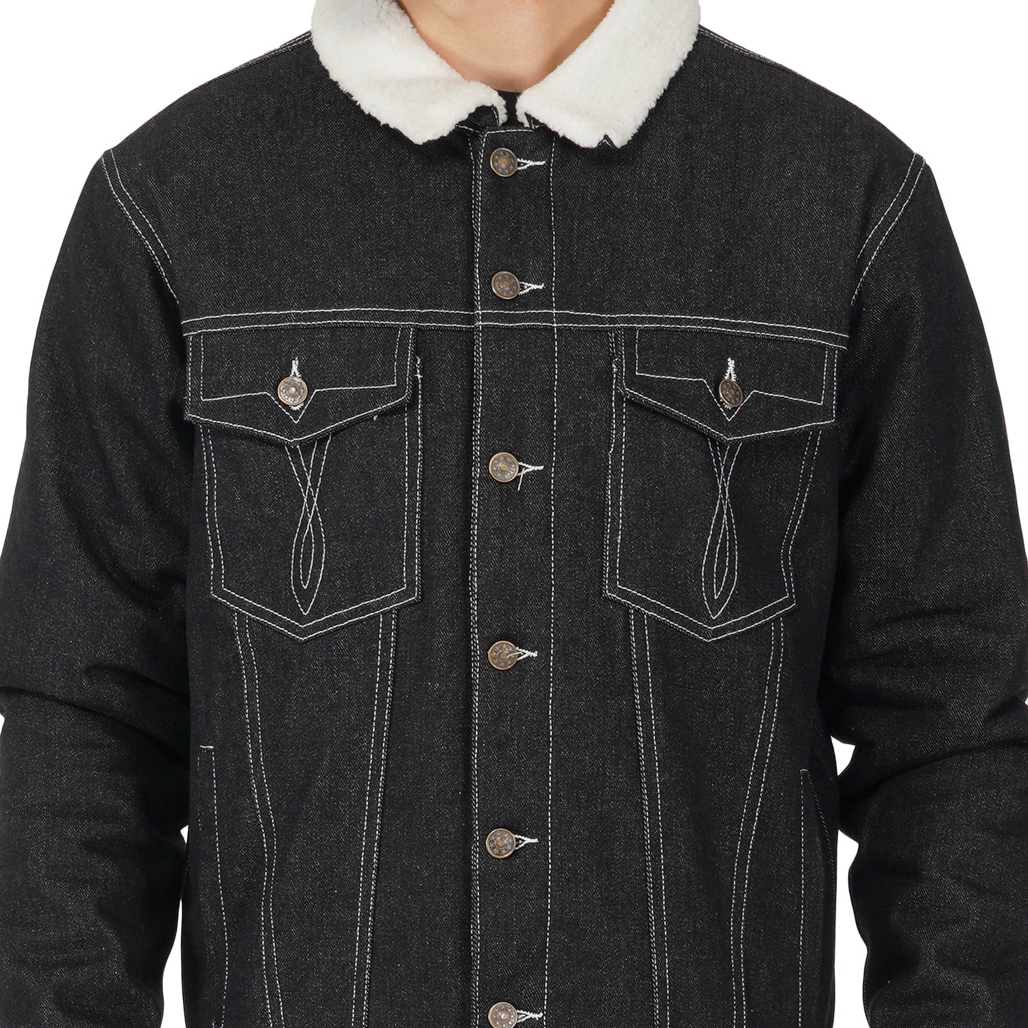 SLAY. Men's Full Sleeves Black Solid Embroidered Button-Down Black Denim Jacket with Faux-fur Lining-clothing-to-slay.myshopify.com-Jacket