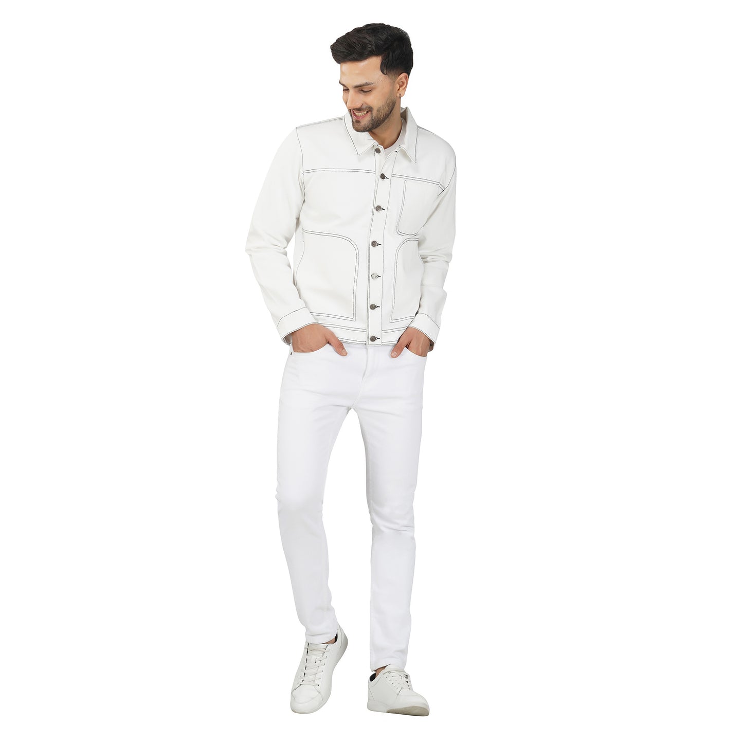 SLAY. Men's Off White Contrast Stitch Denim Cotton Biker Jacket For Men