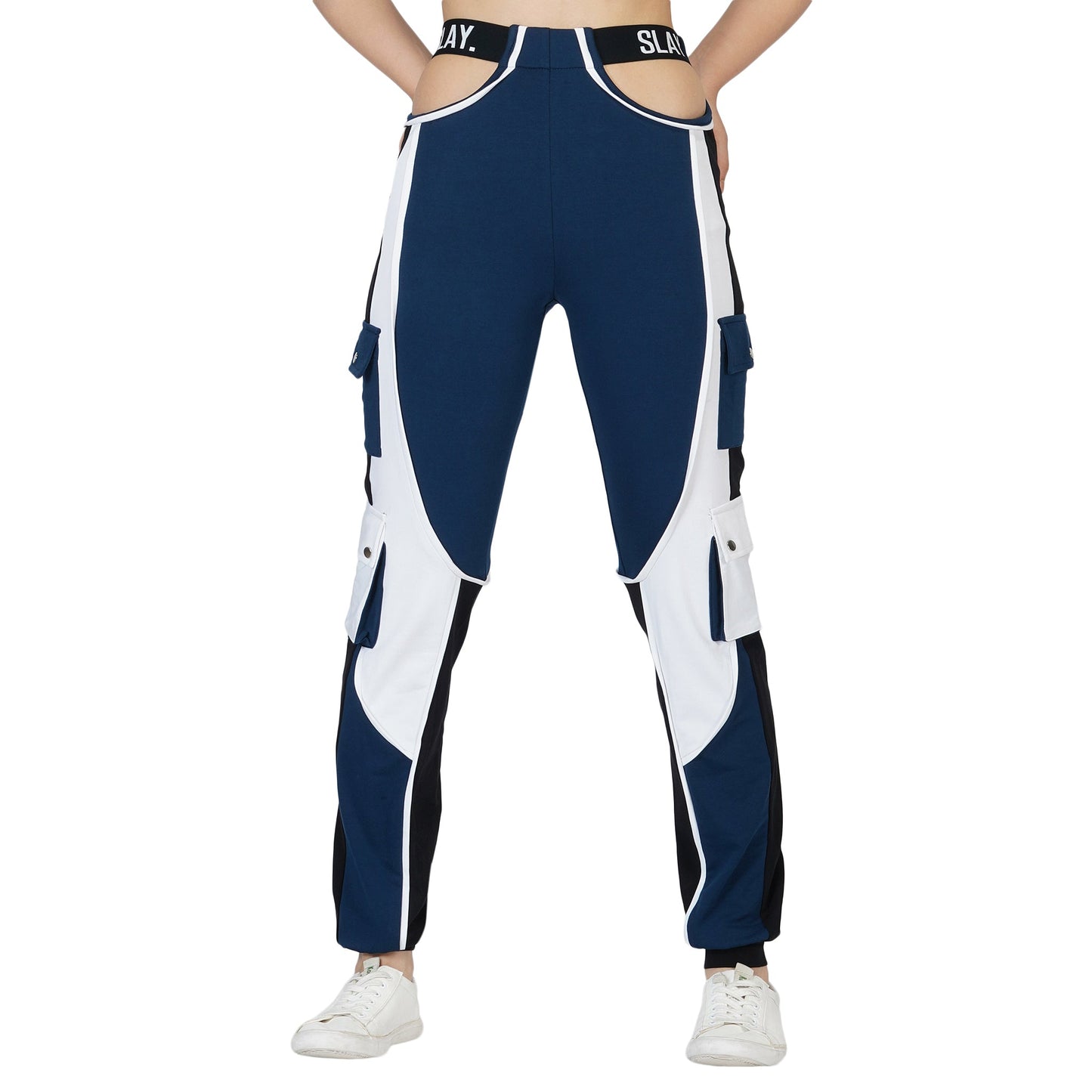 SLAY. Women's Navy Blue Activewear High Waist Cargo Pants