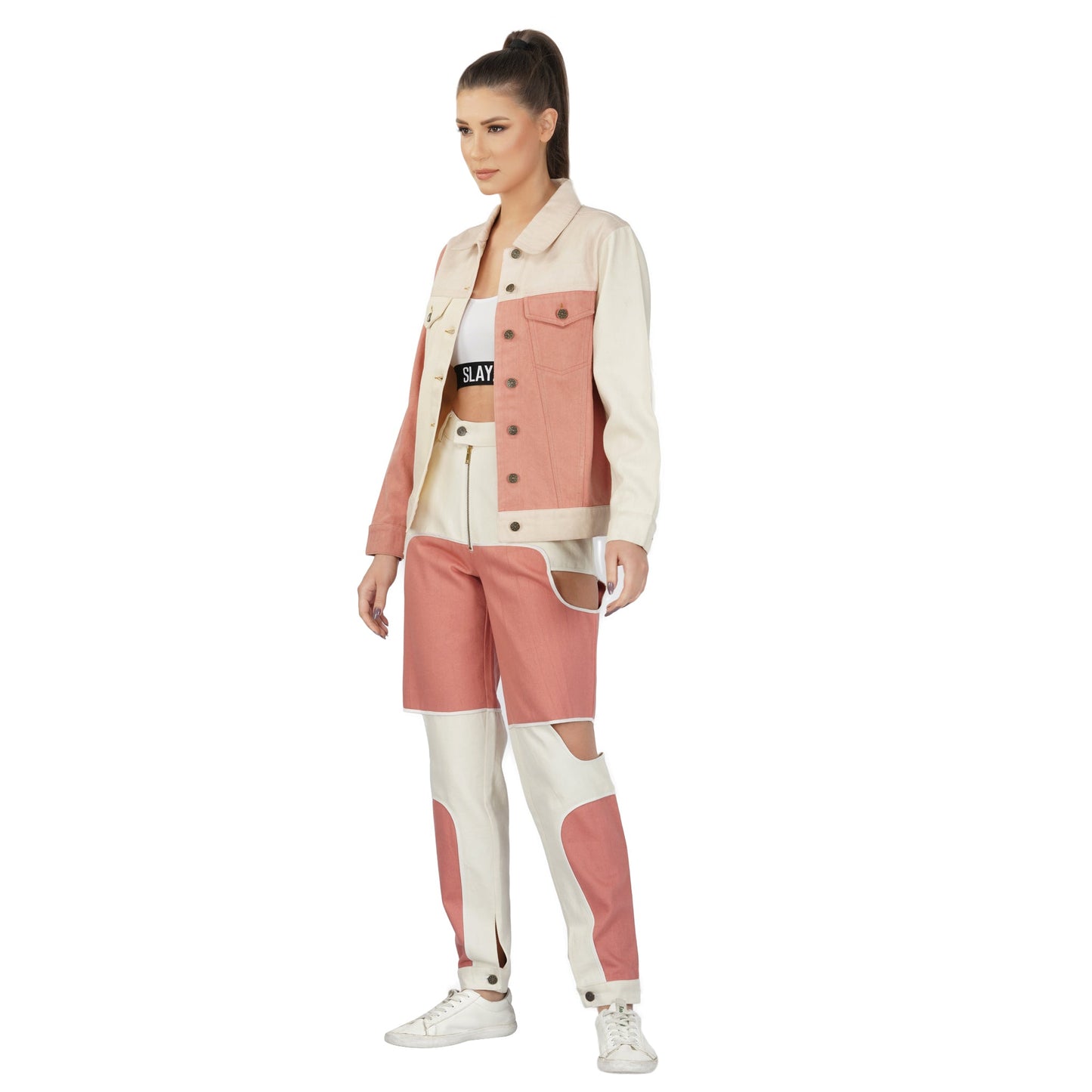 SLAY. Women's Bad Girl Pink & White Colorblock Denim Jeans