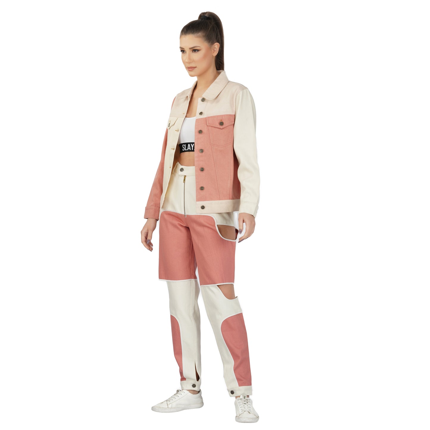 SLAY. Women's Pink & White Colorblock Denim Jacket Crop Top & Jeans Co-ord Set(3 Piece)