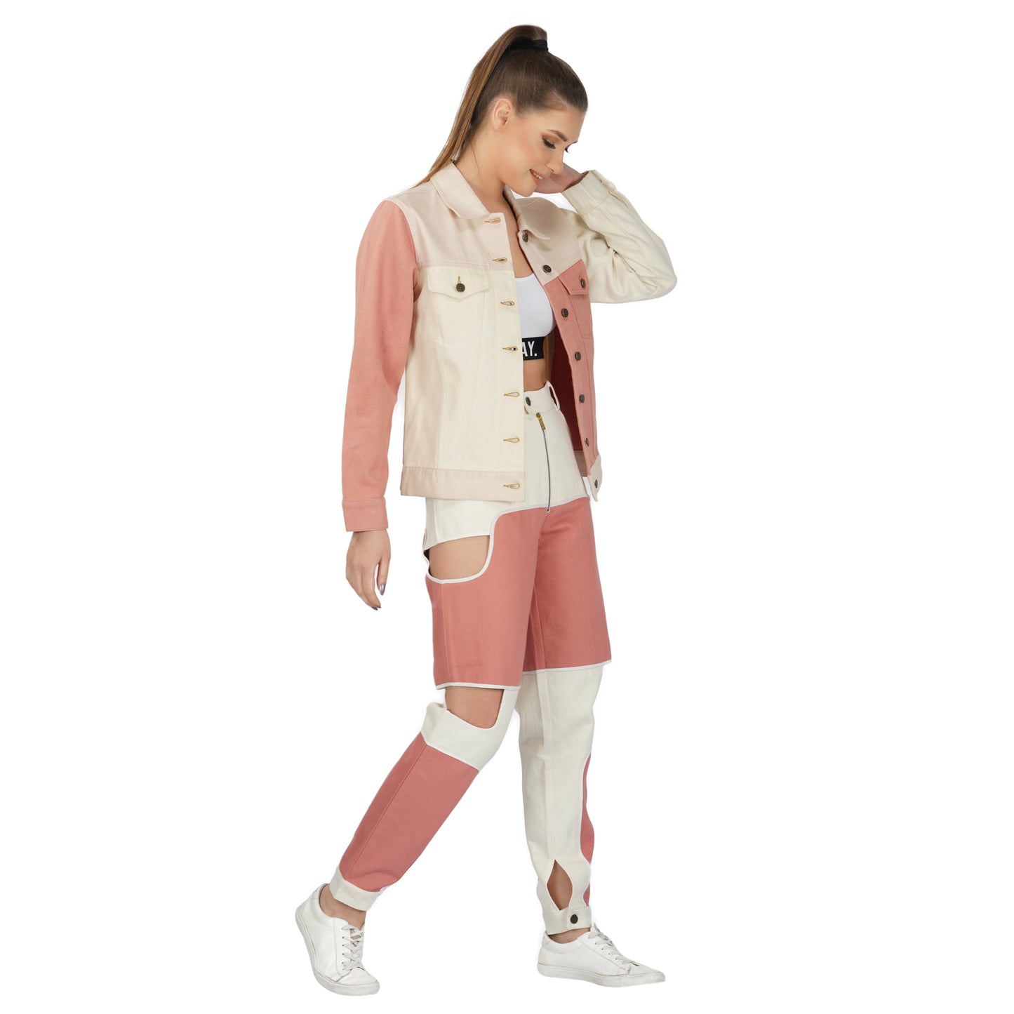 SLAY. Women's Pink & White Colorblock Denim Jacket Crop Top & Jeans Co-ord Set(3 Piece)
