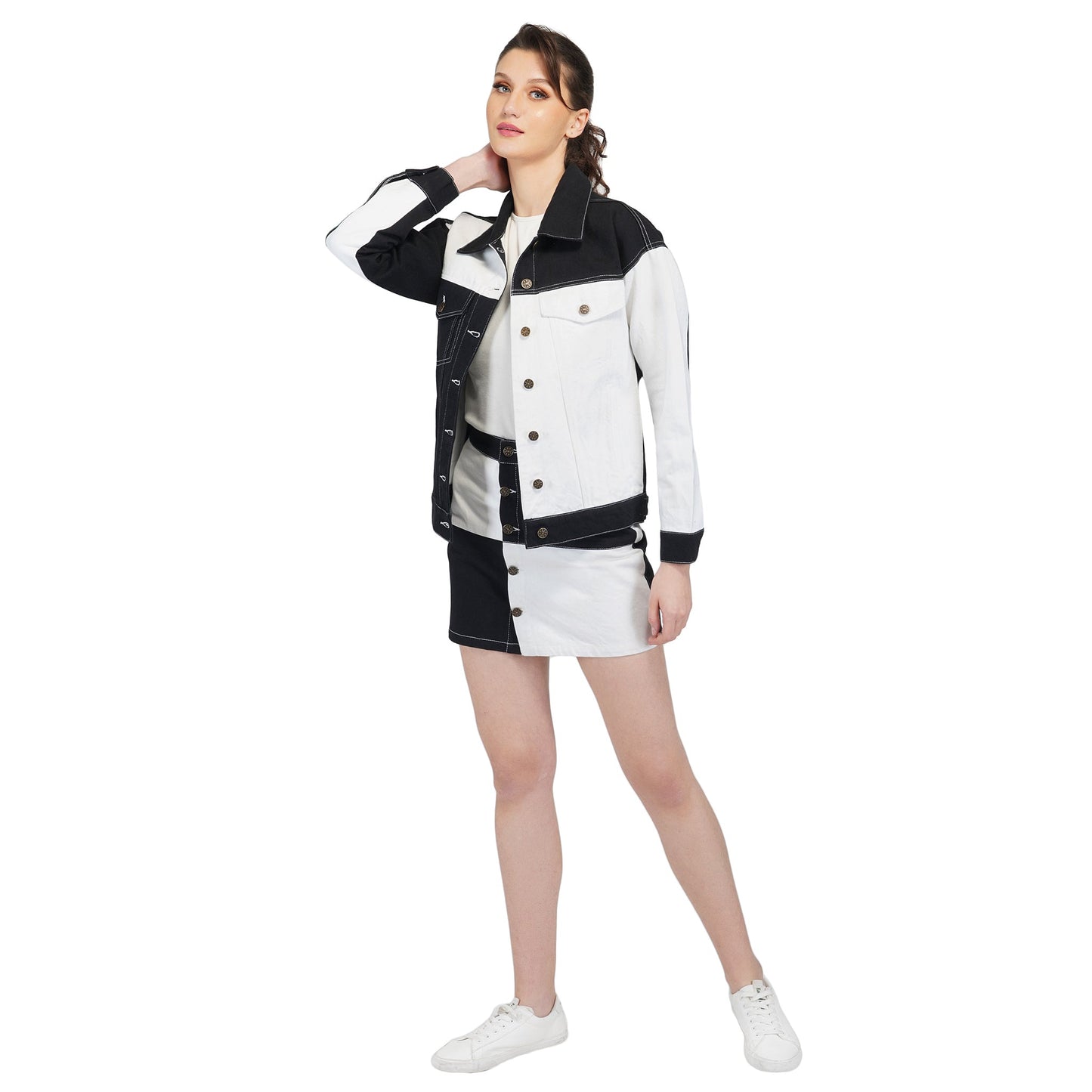SLAY. Women's Black & White Colorblock Denim Jacket & Skirt Coord Set-clothing-to-slay.myshopify.com-Outerwear