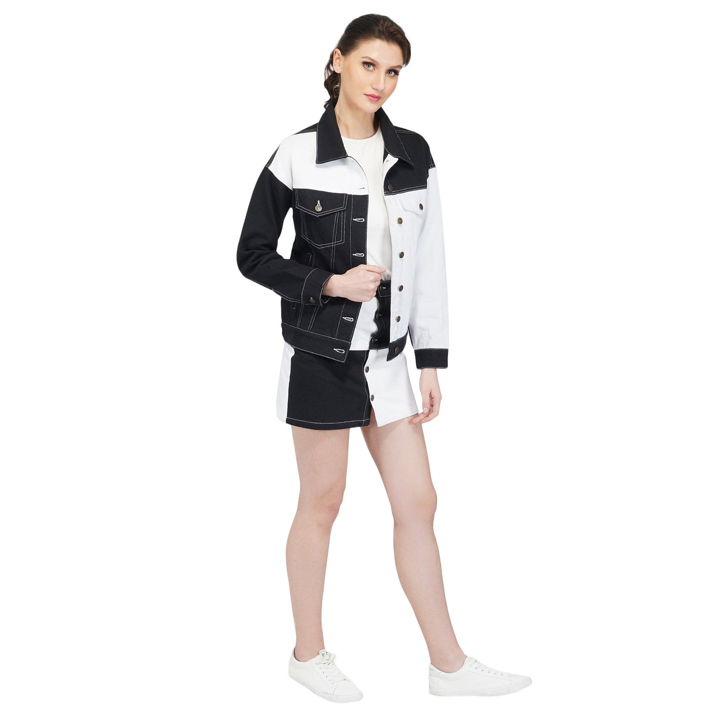 SLAY. Women's Black & White Colorblock Denim Jacket & Skirt Coord Set-clothing-to-slay.myshopify.com-Outerwear