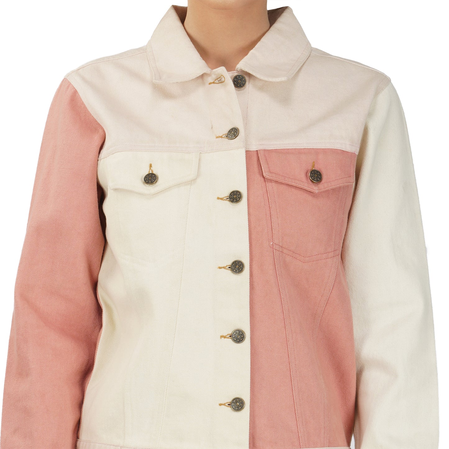 SLAY. Women's Pink & White Colorblock Denim Jacket Crop Top & Jeans Co-ord Set(3 Piece)