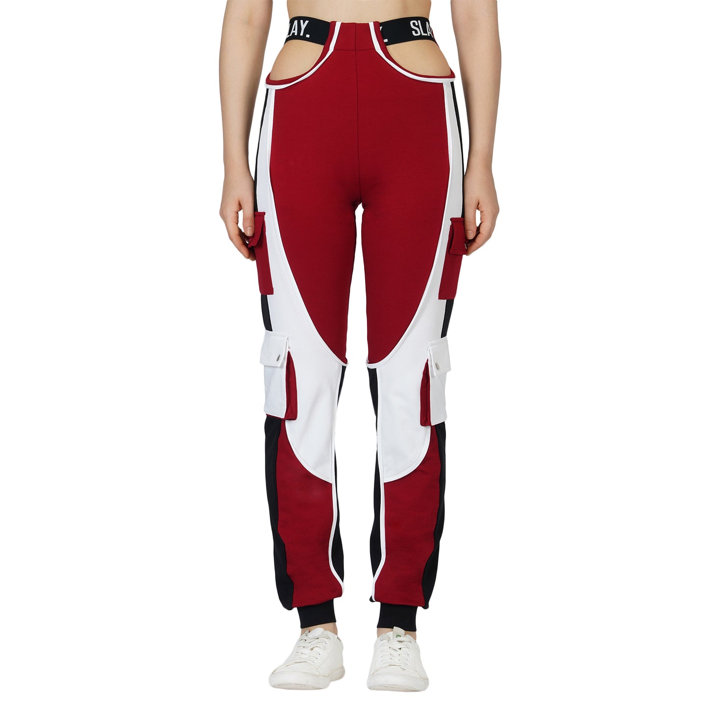 SLAY. Women's Activewear Tracksuit Red Colorblock Crop Jacket & High waist Cargo Pants Co-ord set(3 piece)