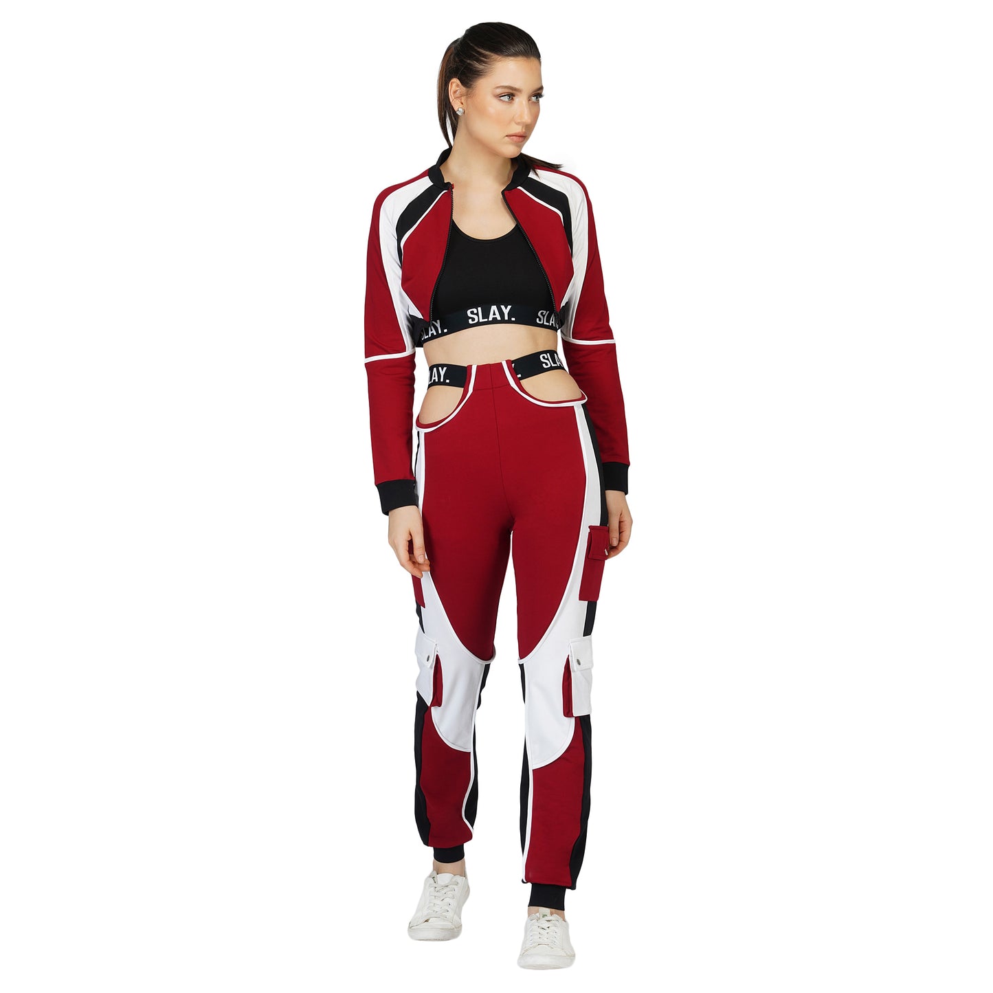 SLAY. Women's Activewear Tracksuit Red Colorblock Crop Jacket & High waist Cargo Pants Co-ord set(3 piece)