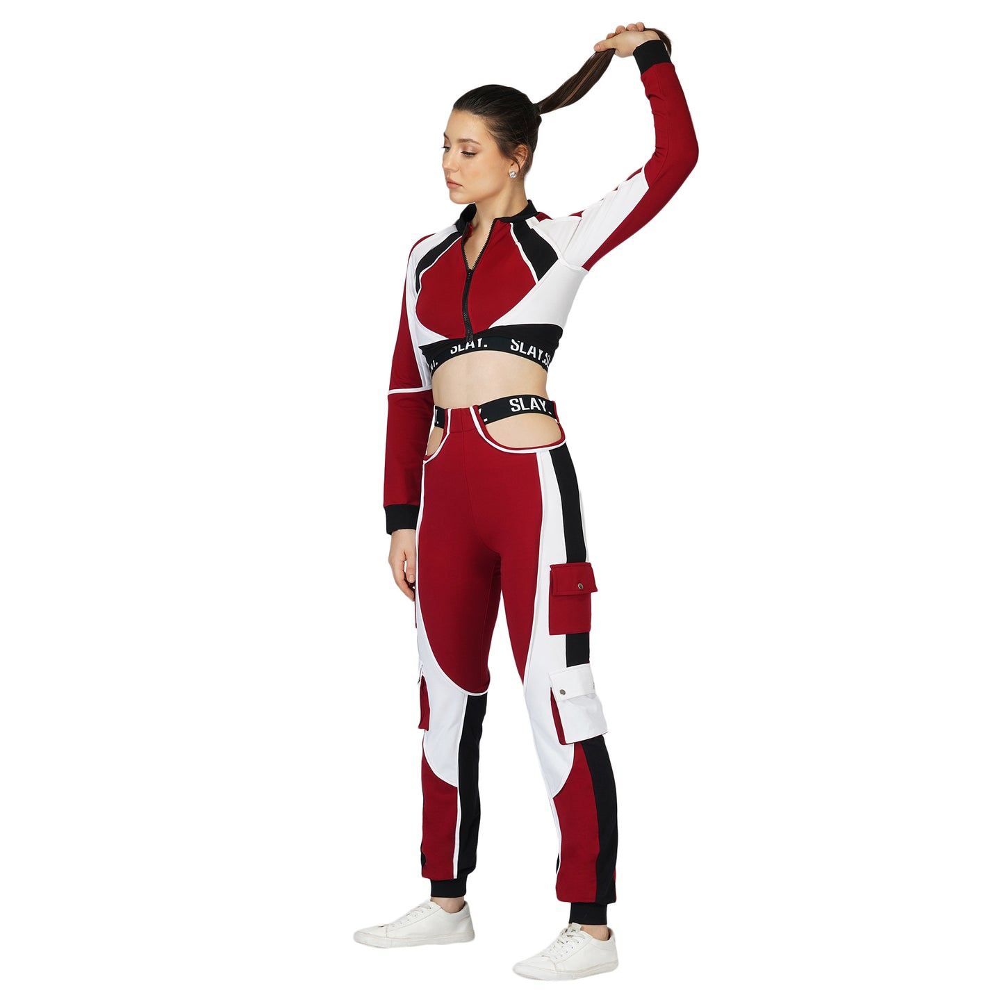 SLAY. Women's Activewear Tracksuit Red Colorblock Crop Jacket & High waist Cargo Pants Co-ord set(3 piece)