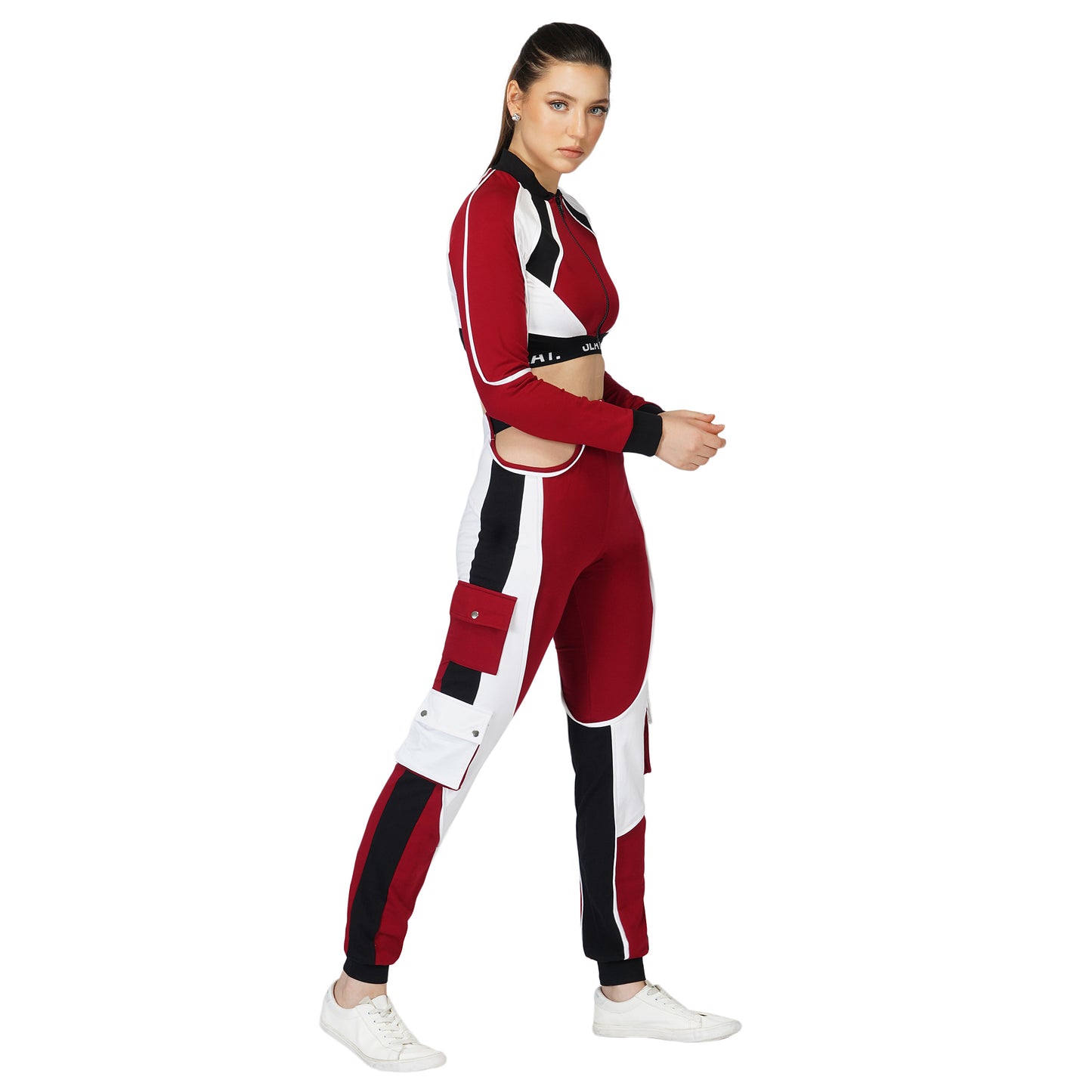 SLAY. Women's Activewear Tracksuit Red Colorblock Crop Jacket & High waist Cargo Pants Co-ord set(3 piece)