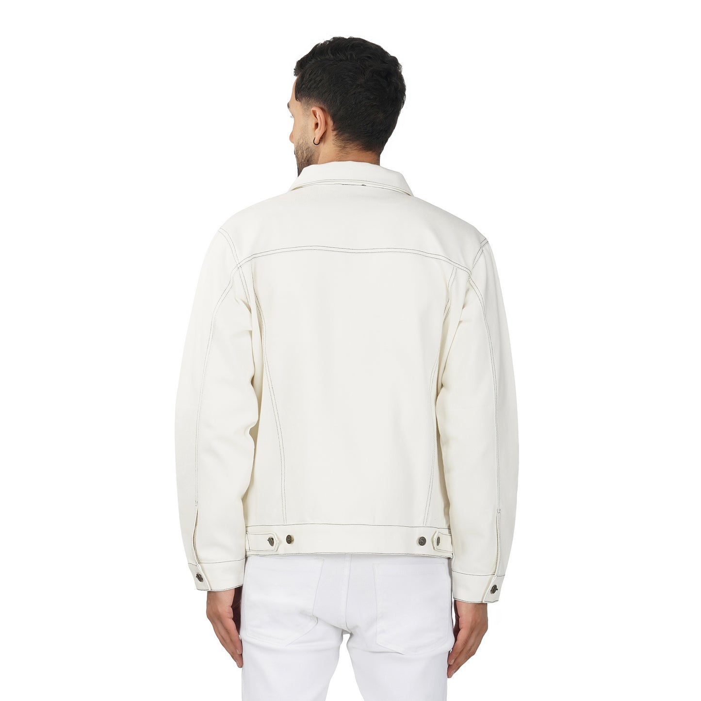 SLAY. Men's Off White Contrast Stitch Denim Cotton Biker Jacket For Men