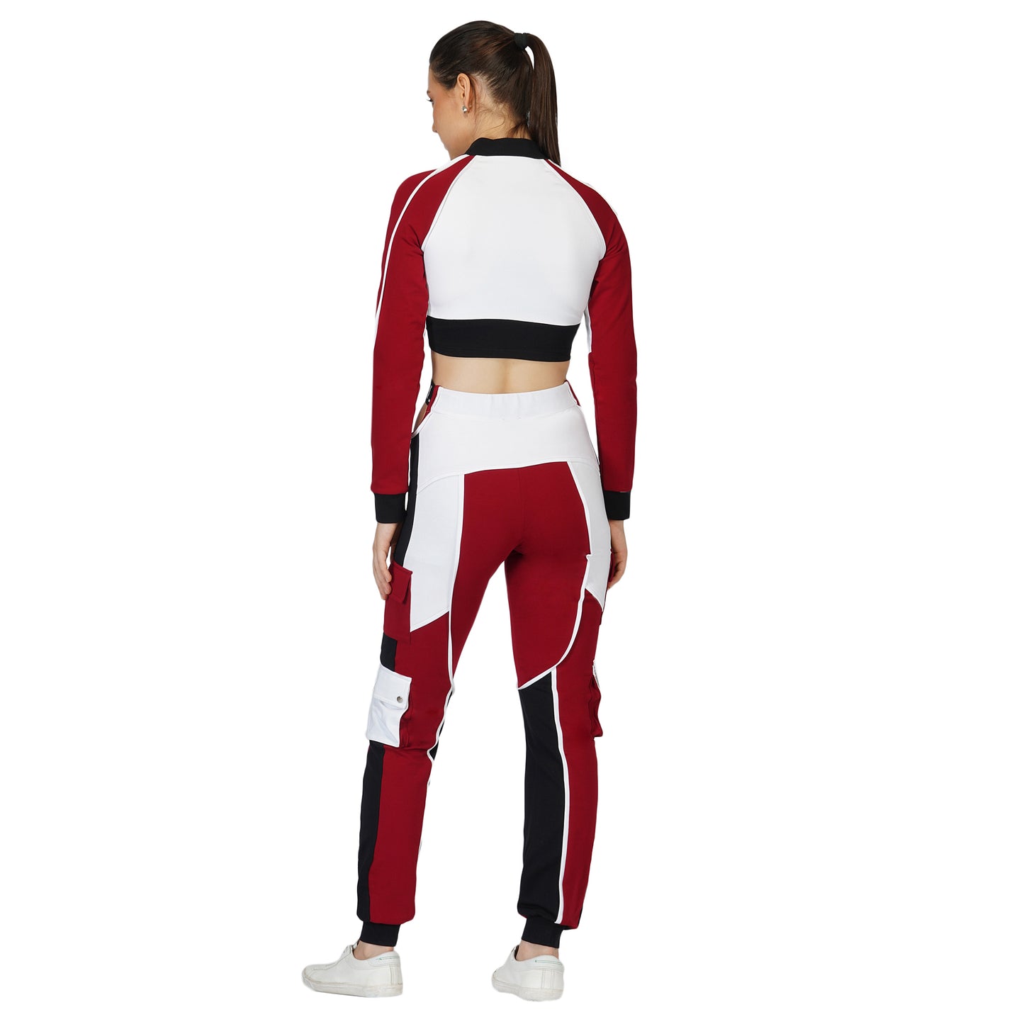 SLAY. Women's Activewear Tracksuit Red Colorblock Crop Jacket & High waist Cargo Pants Co-ord set(3 piece)
