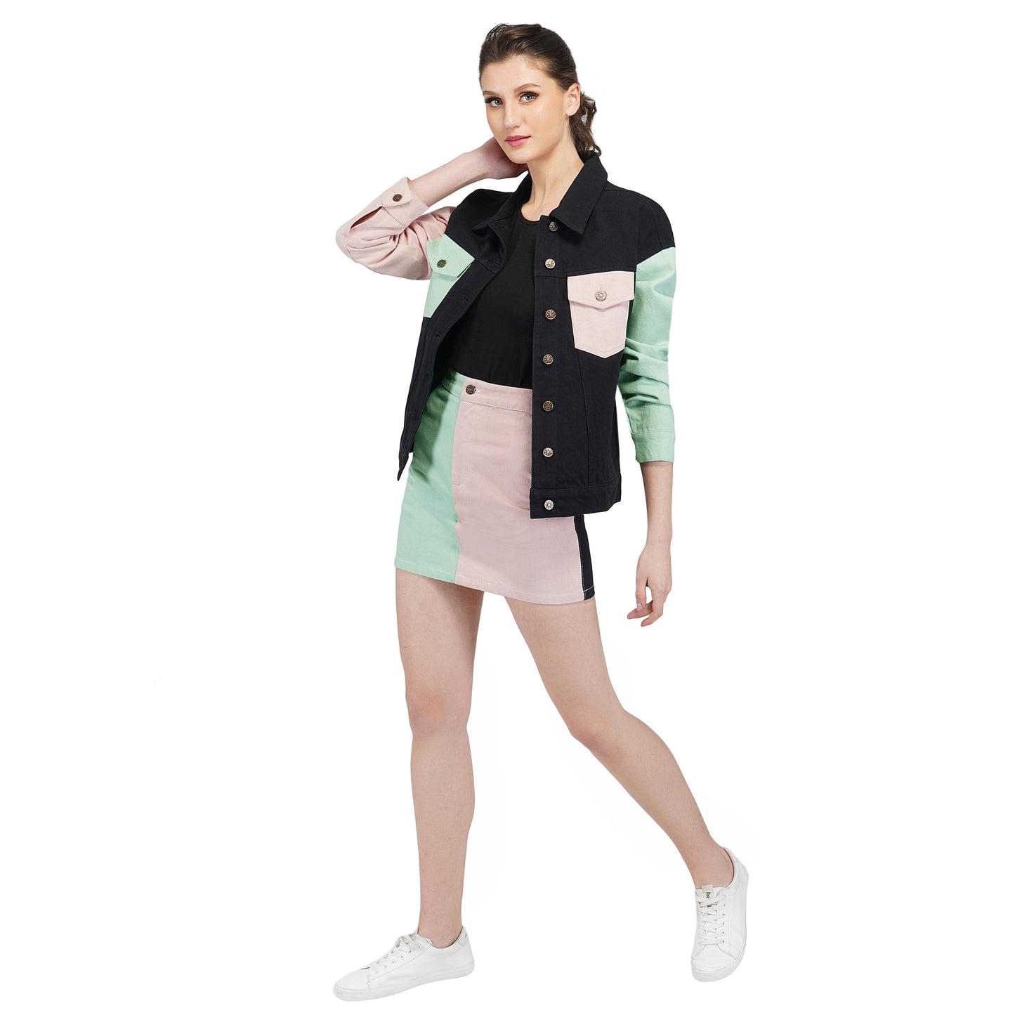 SLAY. Women's Flap Pocket Colorblock Cord Denim Jacket & Skirt Set-clothing-to-slay.myshopify.com-Outerwear