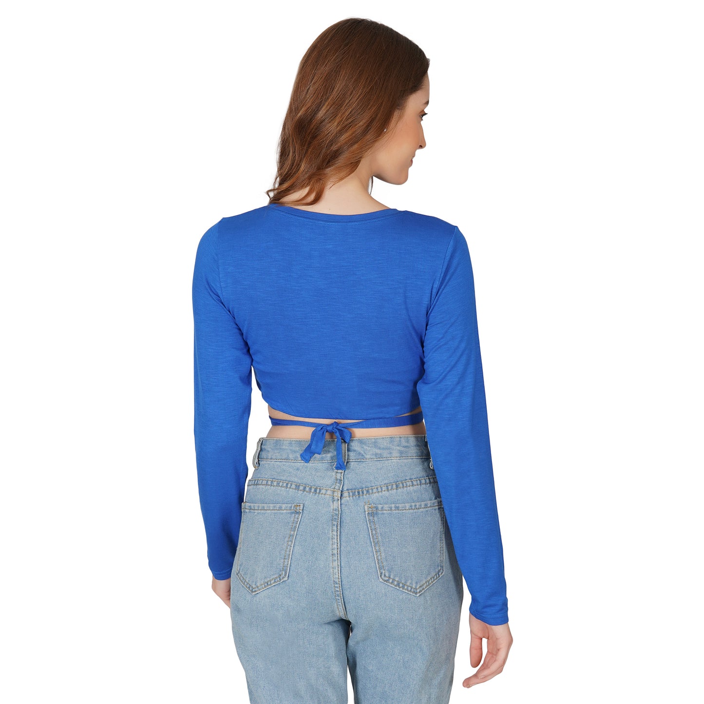 SLAY. Women's Blue Full Sleeves Crop Top with Back Wrap around Strings-clothing-to-slay.myshopify.com-Crop Top