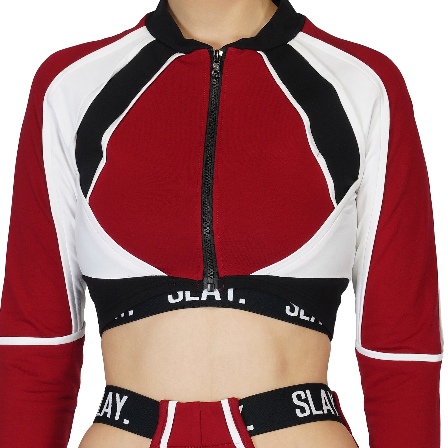 SLAY. Women's Activewear Tracksuit Red Colorblock Crop Jacket & High waist Cargo Pants Co-ord set(3 piece)